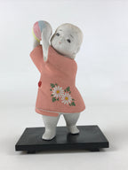 Japanese Ceramic Girl Playing Ball Figurine Vtg Pink Dress Black Stand BD926
