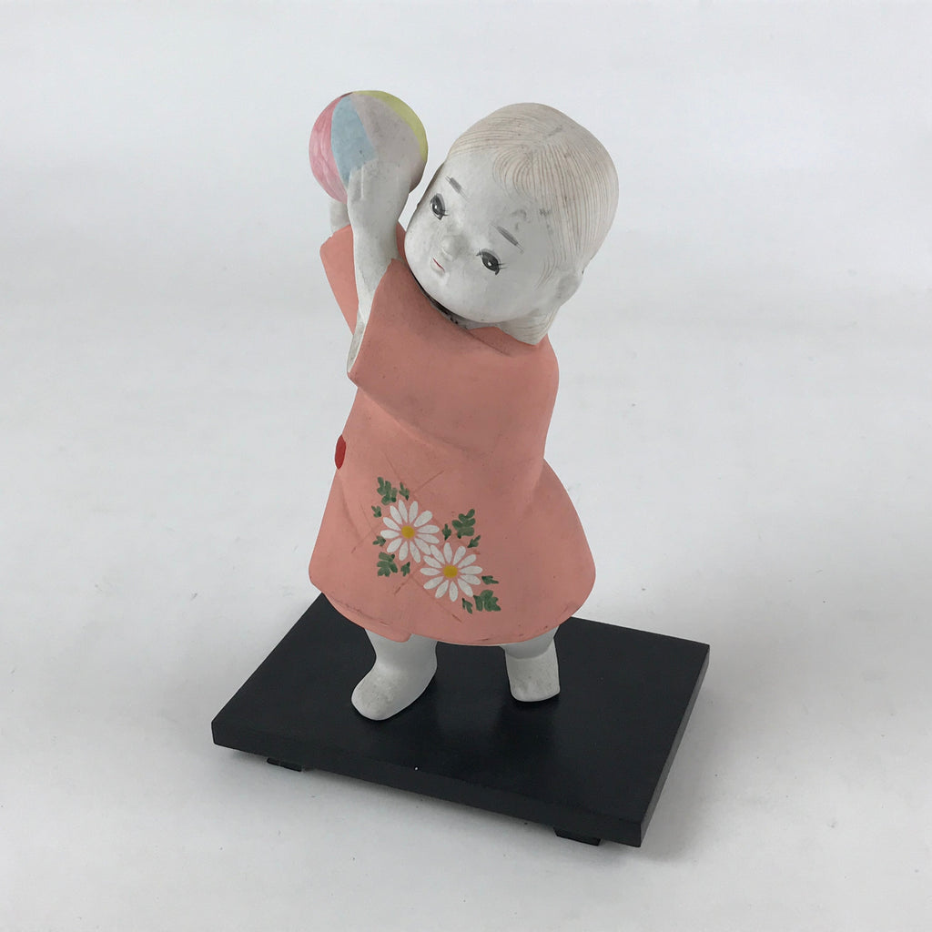Japanese Ceramic Girl Playing Ball Figurine Vtg Pink Dress Black Stand BD926