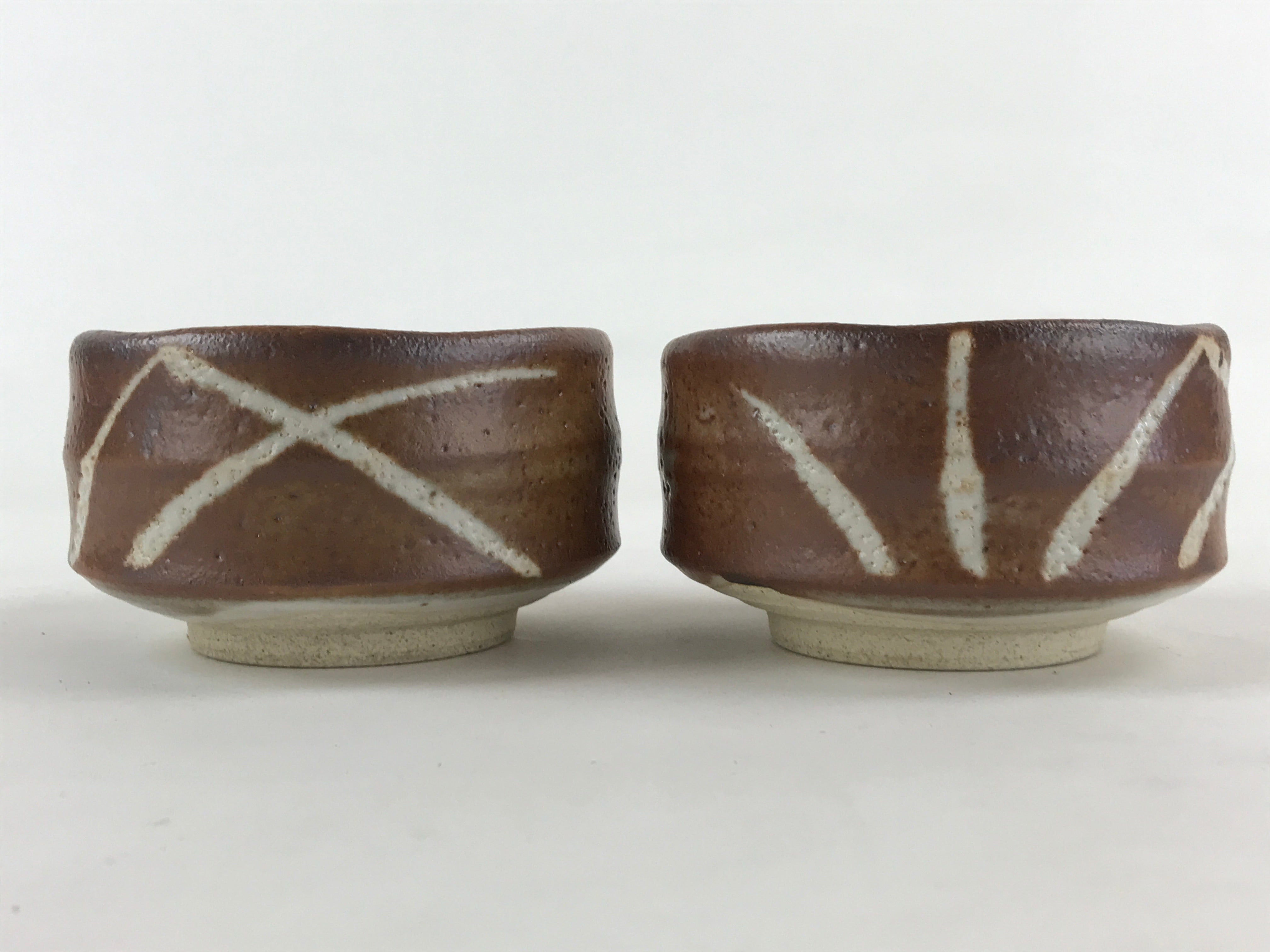 Japanese Ceramic Green Tea Bowl 2pc Set Vtg Pottery Matcha Brown Chawan Sado PX6