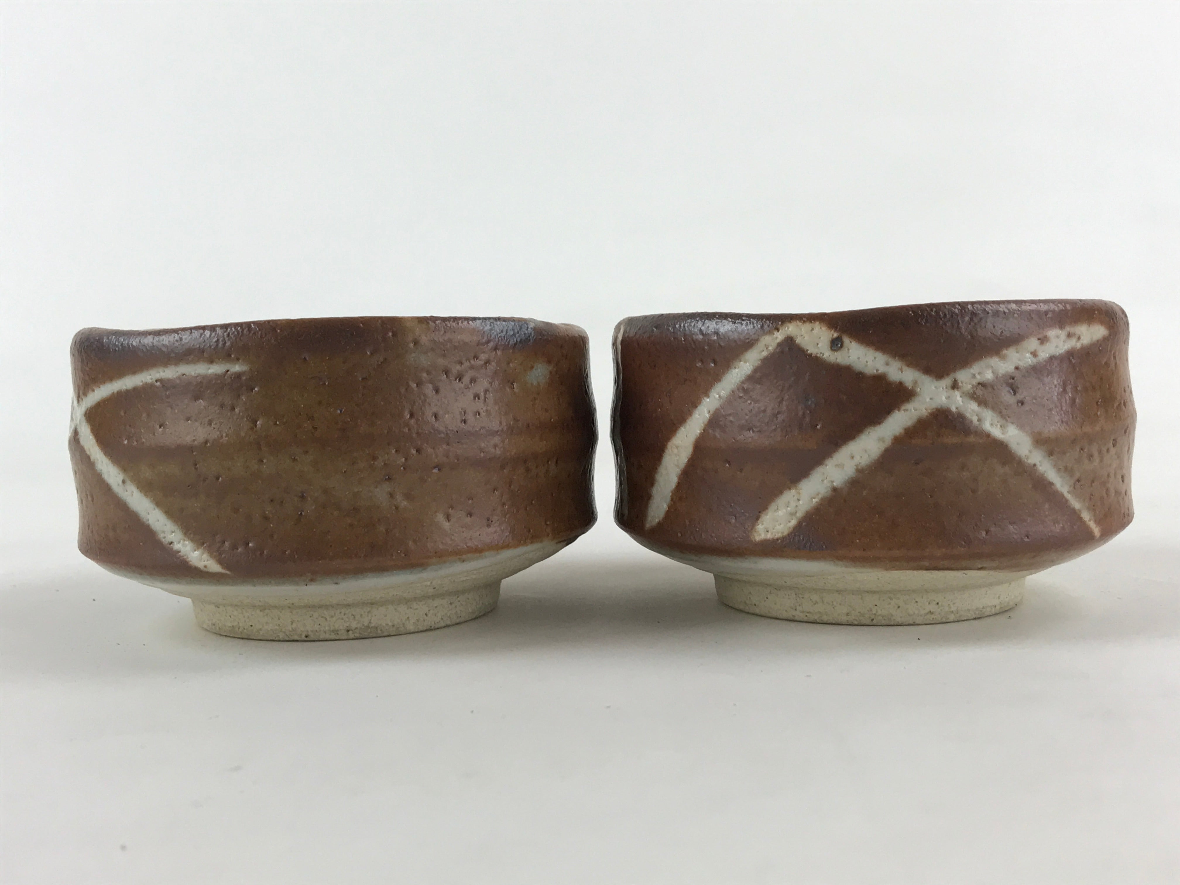 Japanese Ceramic Green Tea Bowl 2pc Set Vtg Pottery Matcha Brown Chawan Sado PX6