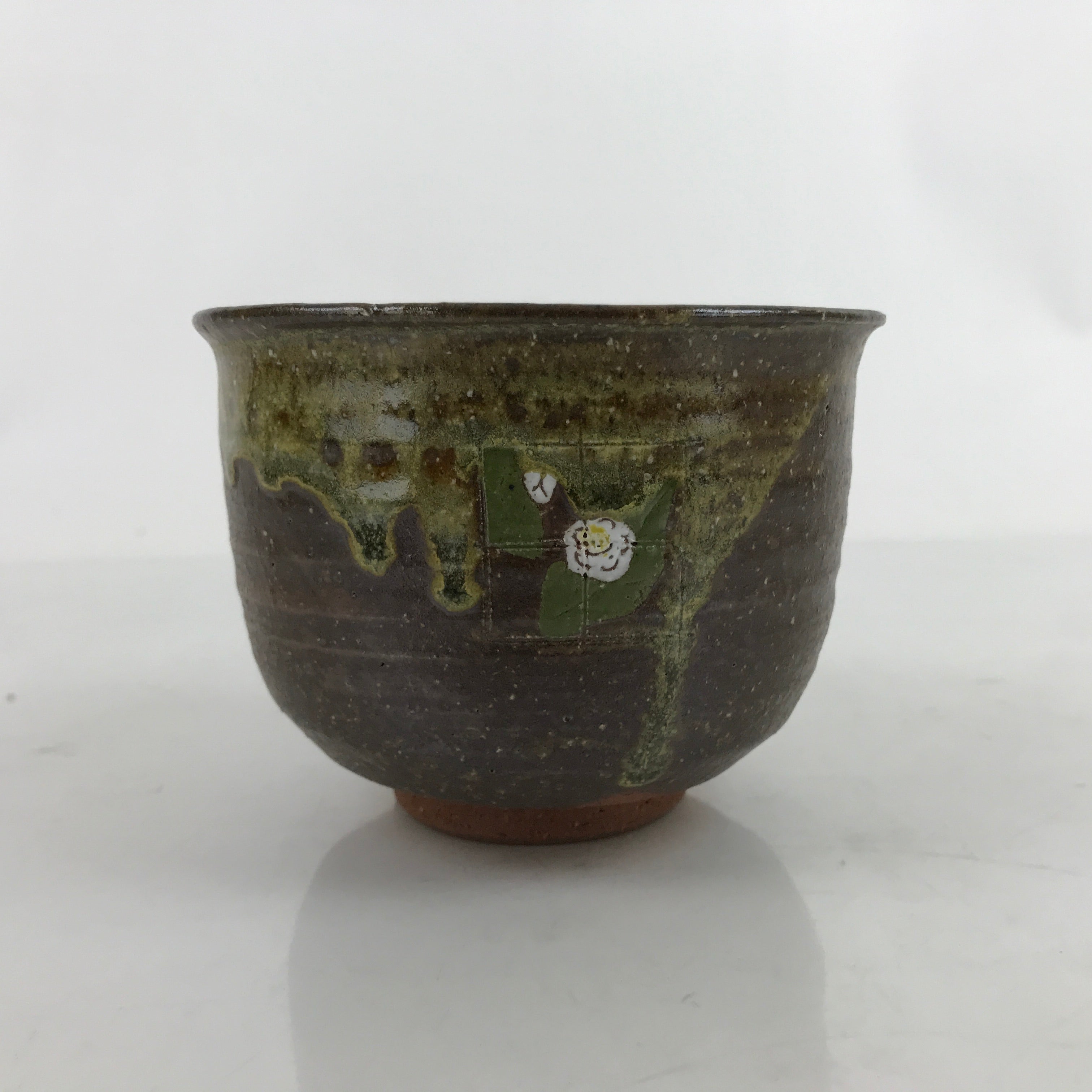 Japanese Ceramic Green Tea Bowl Chawan Vtg Brown Green Drip Flower CHB64