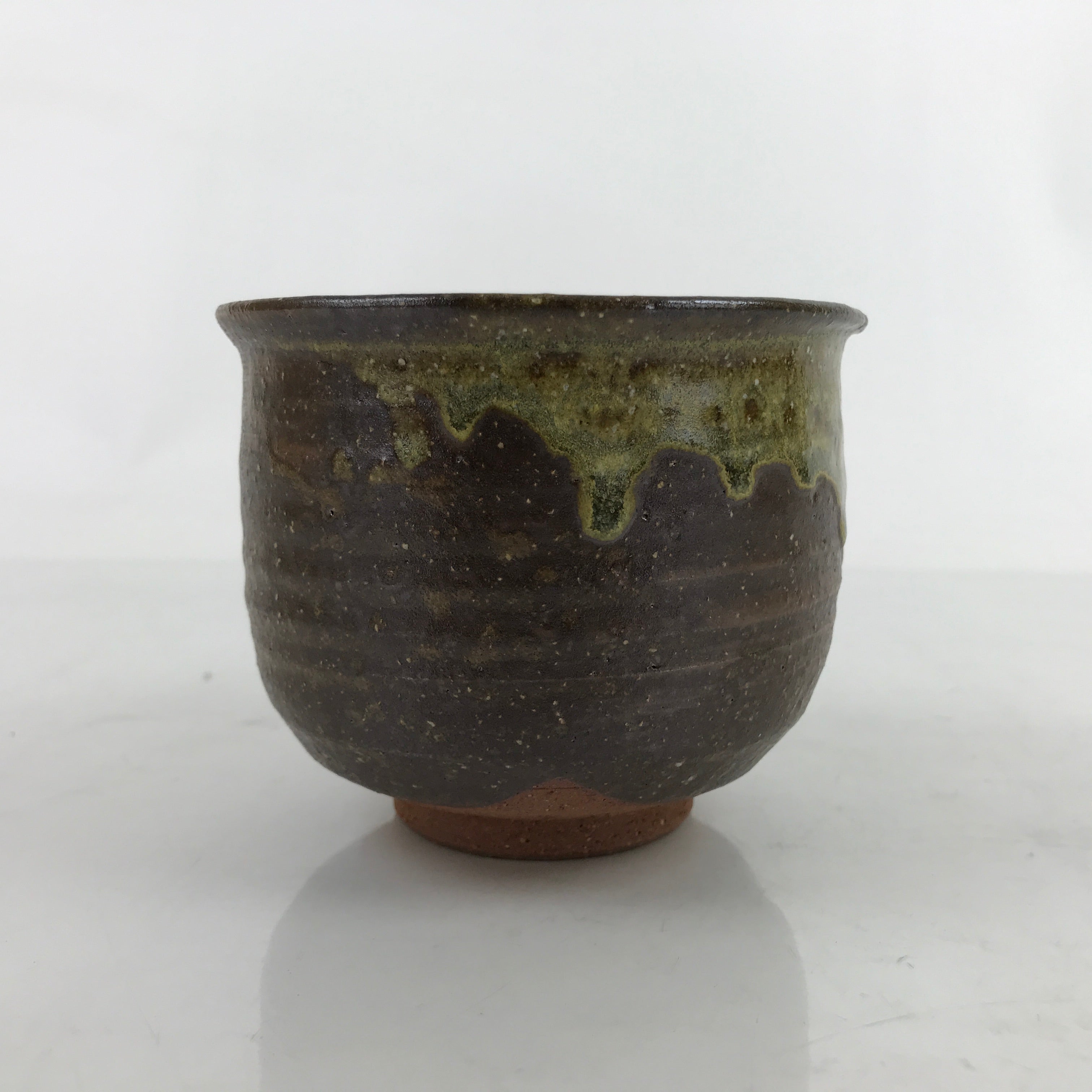 Japanese Ceramic Green Tea Bowl Chawan Vtg Brown Green Drip Flower CHB64