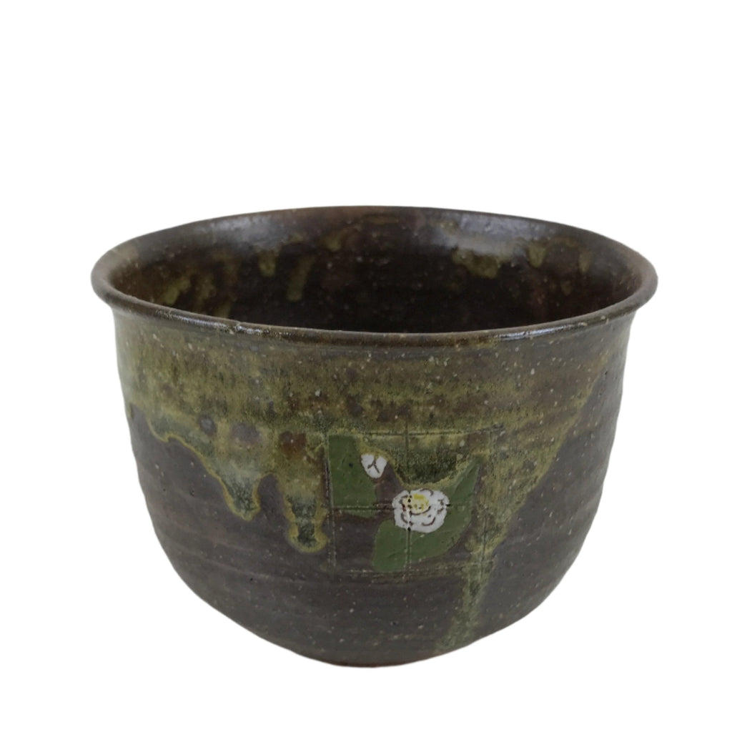 Japanese Ceramic Green Tea Bowl Chawan Vtg Brown Green Drip Flower CHB64