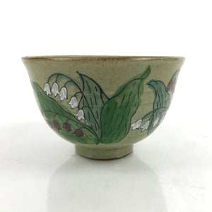 Japanese Ceramic Green Tea Bowl Chawan Vtg Suzuran Lily Valley Green CHB69