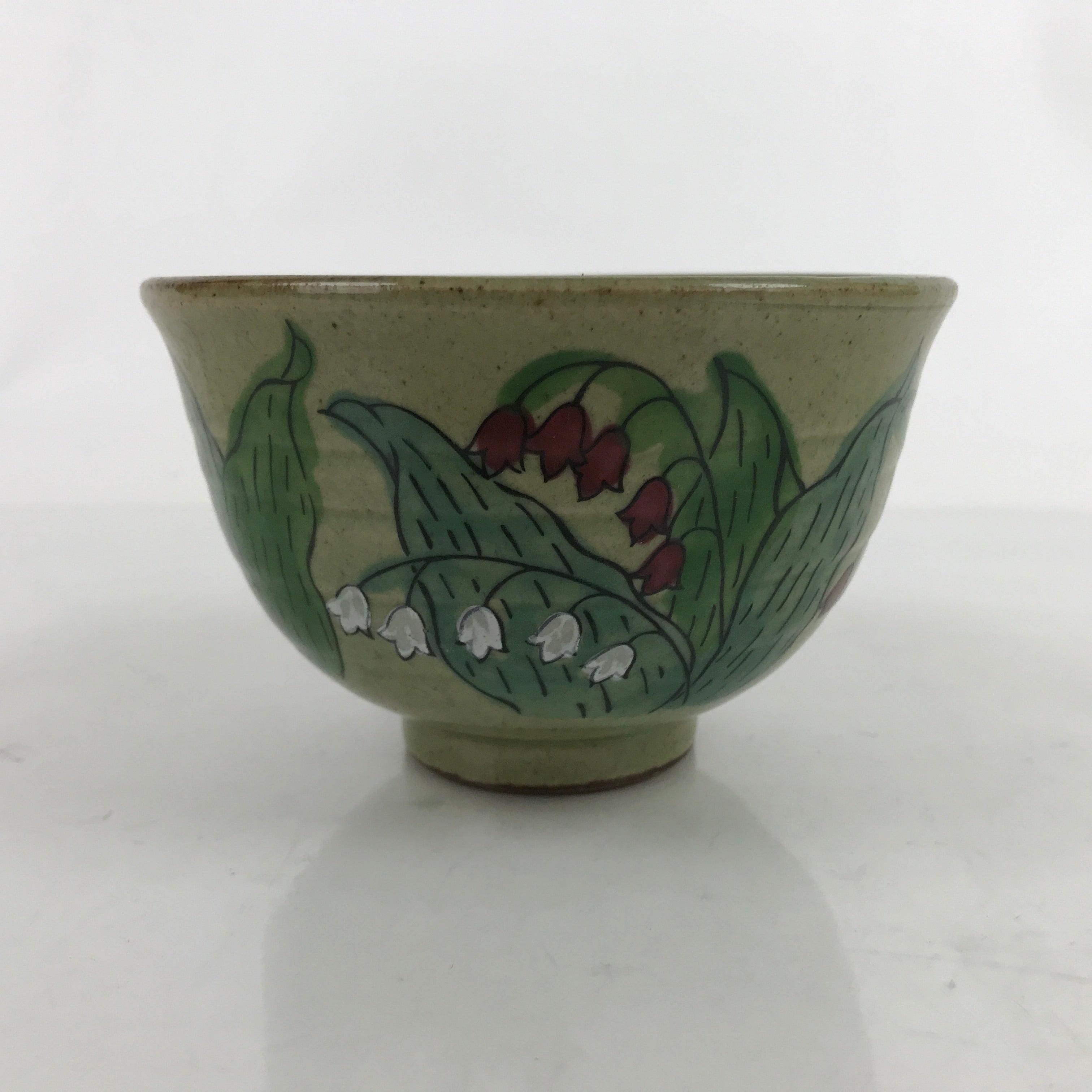 Japanese Ceramic Green Tea Bowl Chawan Vtg Suzuran Lily Valley Green CHB69