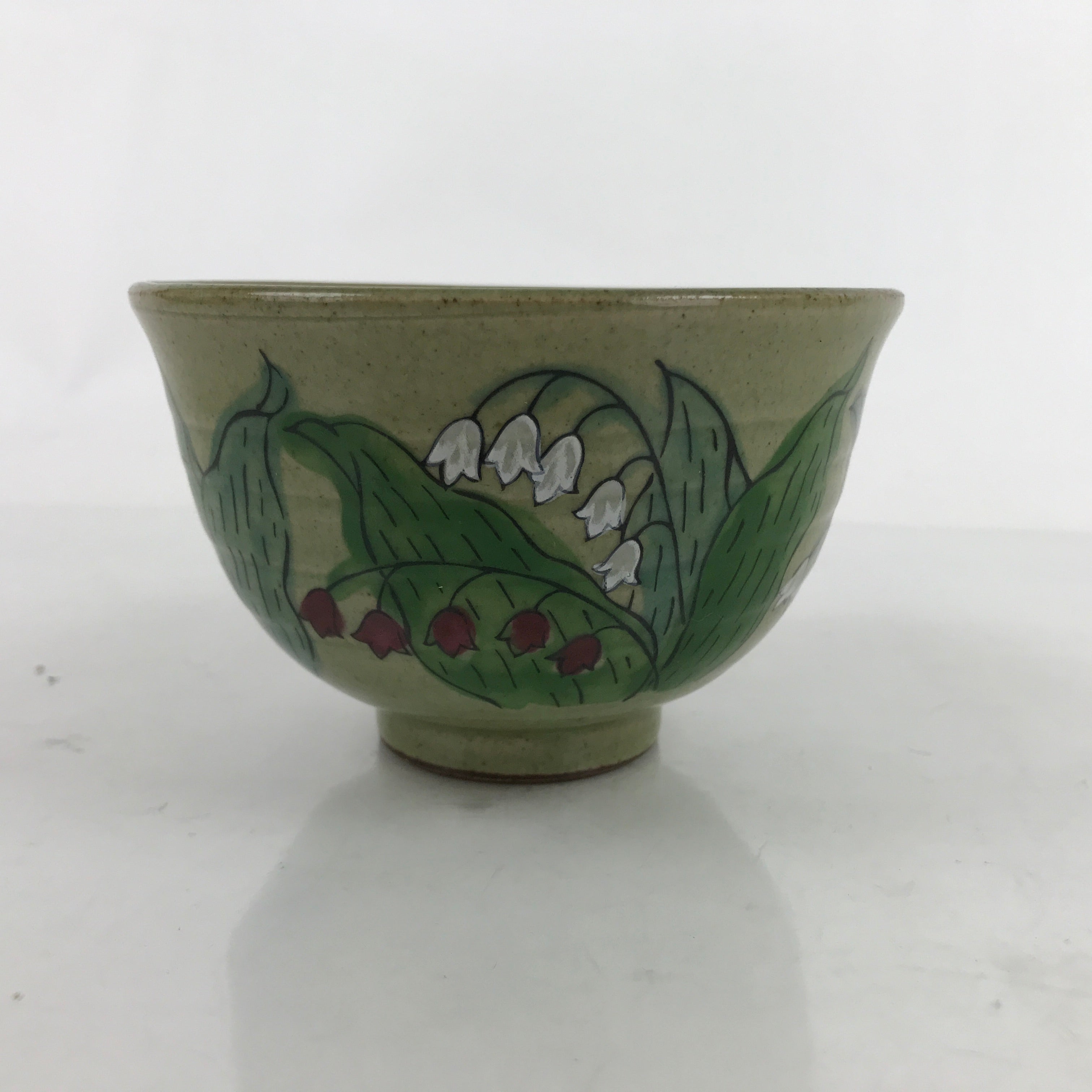 Japanese Ceramic Green Tea Bowl Chawan Vtg Suzuran Lily Valley Green CHB69