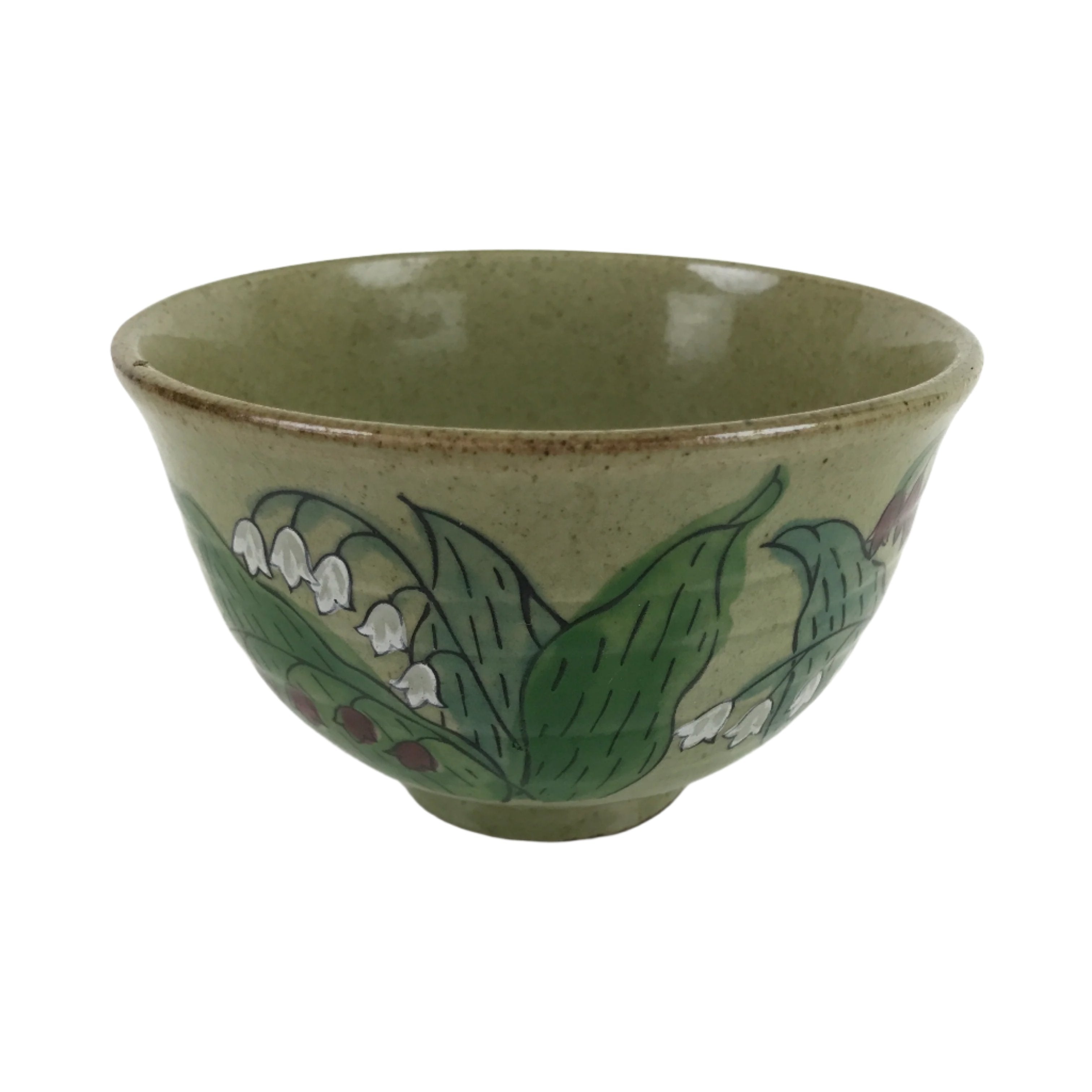 Japanese Ceramic Green Tea Bowl Chawan Vtg Suzuran Lily Valley Green CHB69