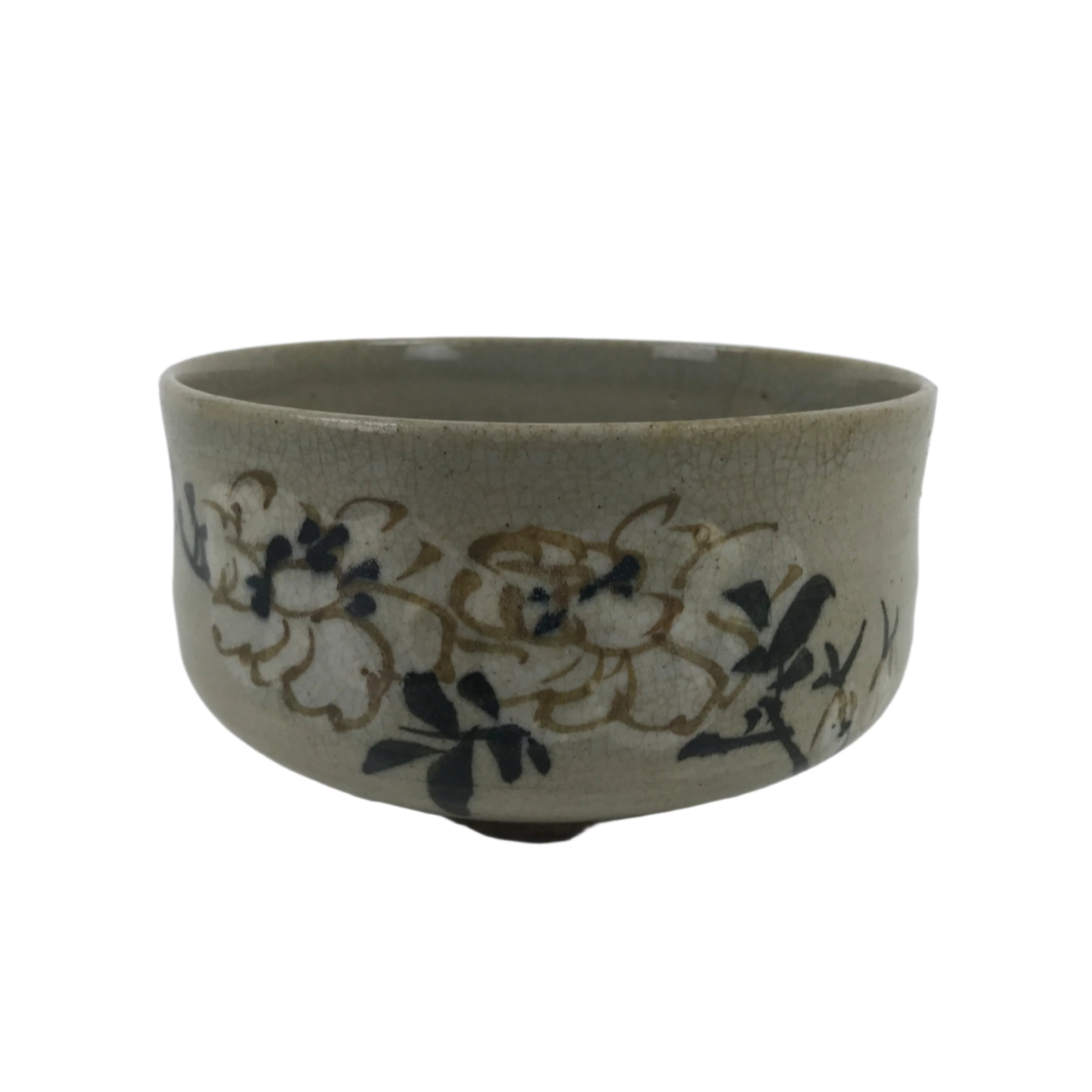 Japanese Ceramic Green Tea Bowl Matcha Chawan Brown Beige Crackle Floral CHB92