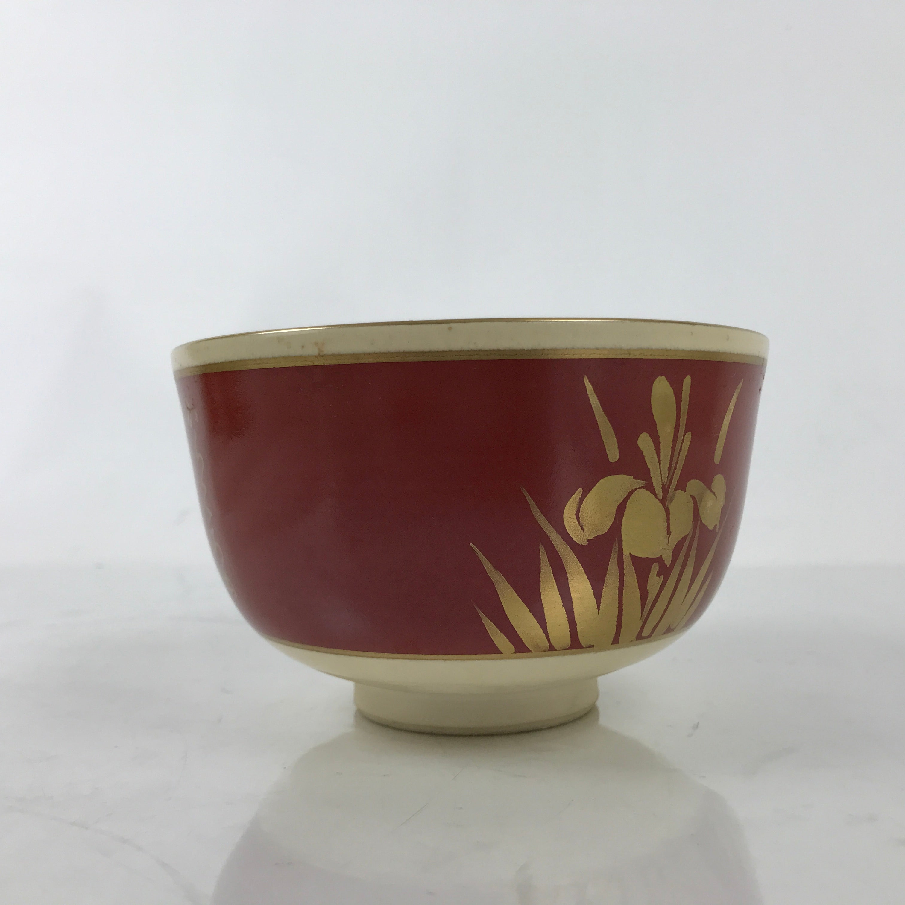 Japanese Ceramic Green Tea Bowl Matcha Chawan Pottery Red Gold Flower Poem CHB97