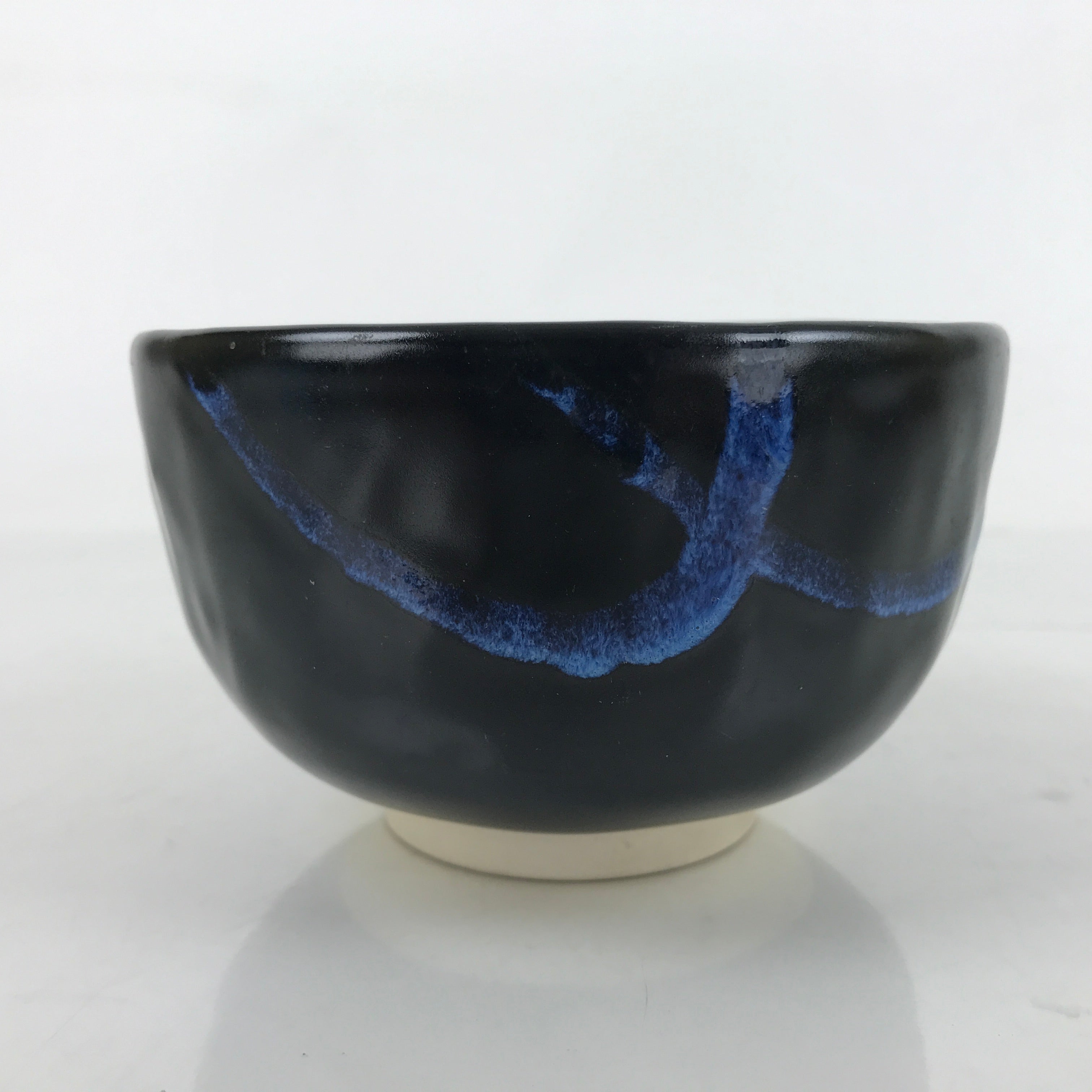 Japanese Ceramic Green Tea Bowl Matcha Chawan Vtg Black Blue White HB82