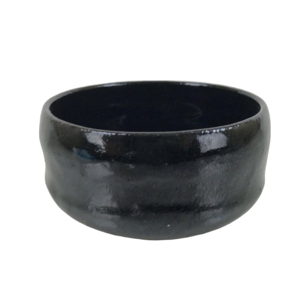 Japanese Ceramic Green Tea Bowl Matcha Chawan Vtg Black Glossy CHB76