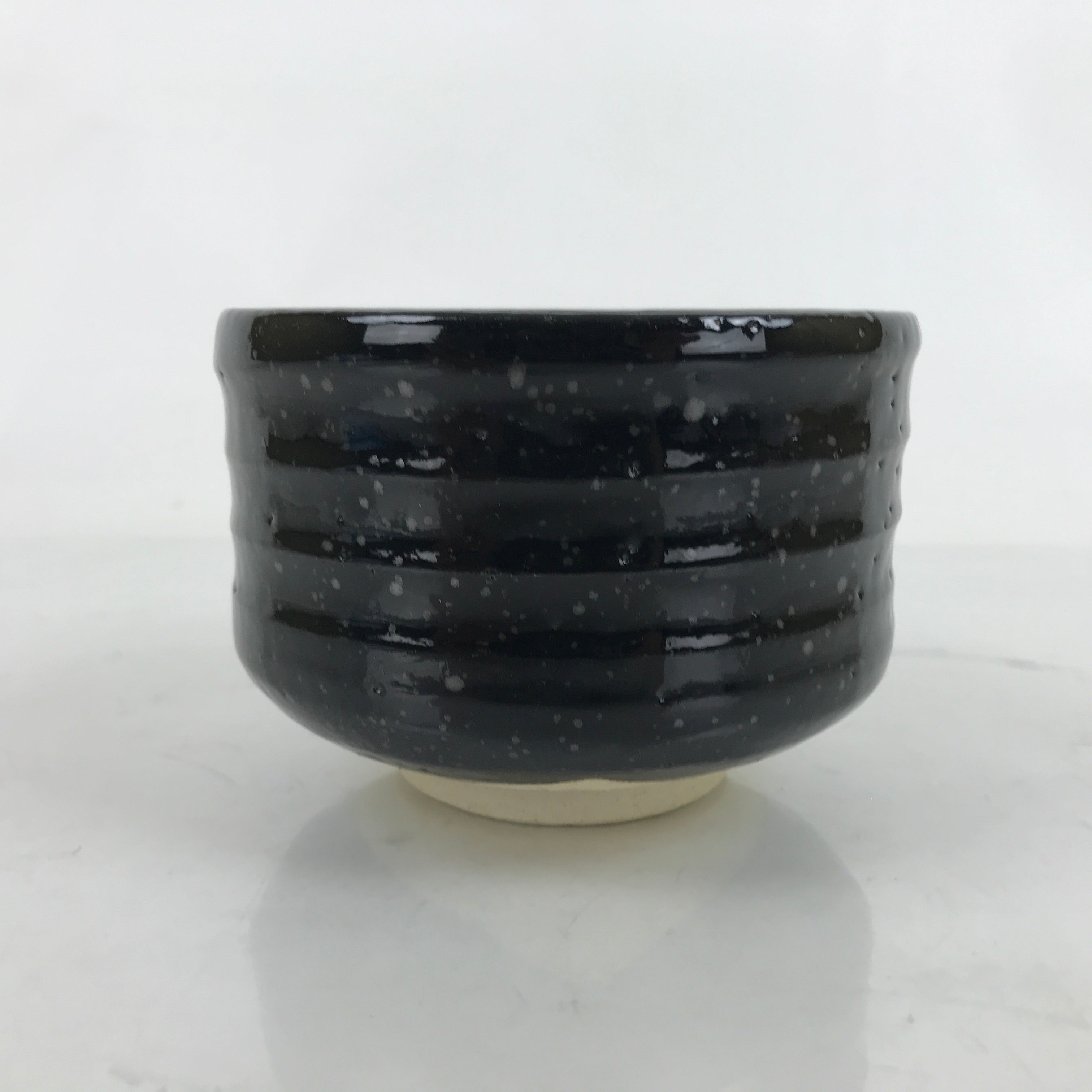 Japanese Ceramic Green Tea Bowl Matcha Chawan Vtg Black Glossy Dots CHB81