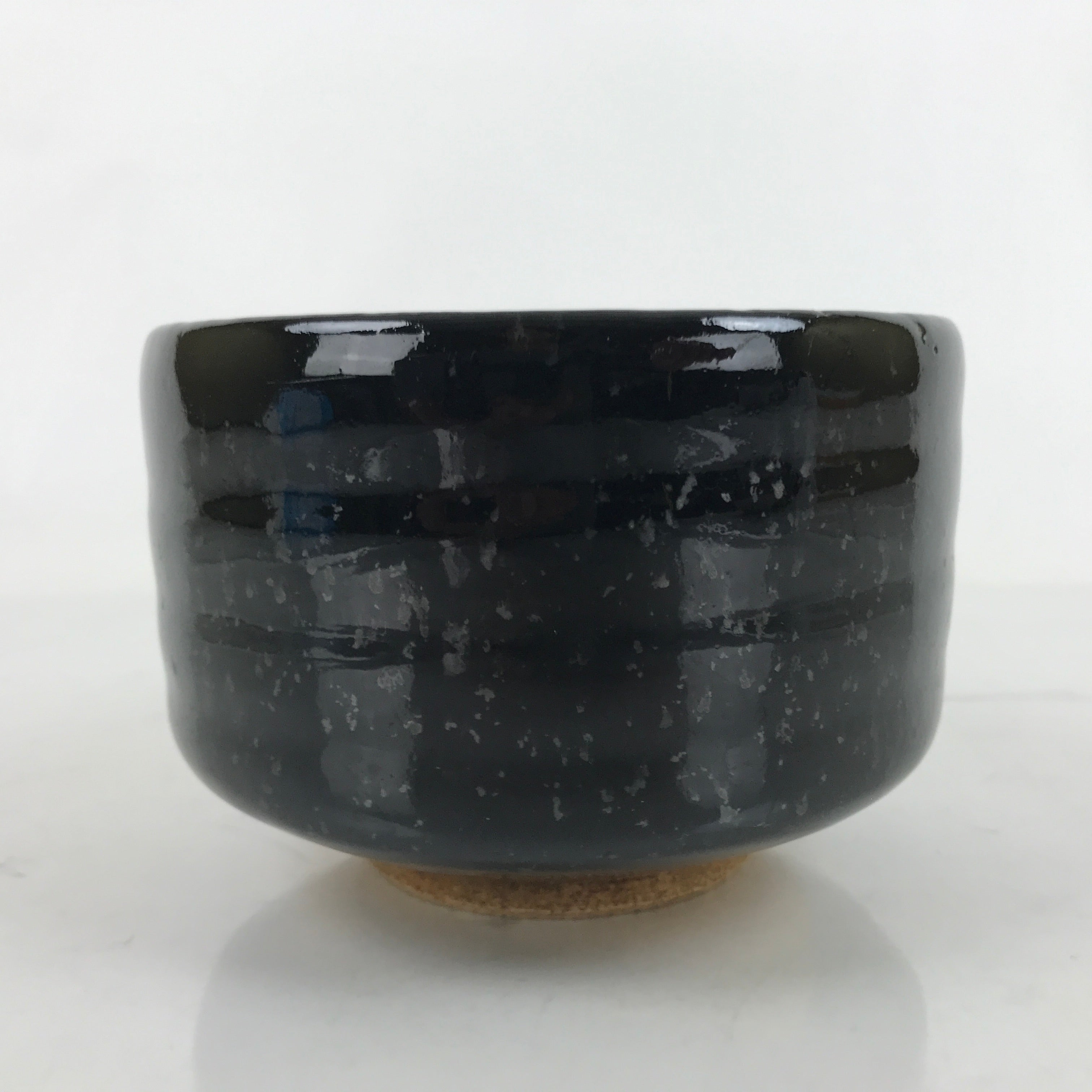 Japanese Ceramic Green Tea Bowl Matcha Chawan Vtg Black Glossy Dots CHB84