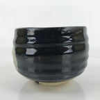 Japanese Ceramic Green Tea Bowl Matcha Chawan Vtg Black Glossy Floral CHB86