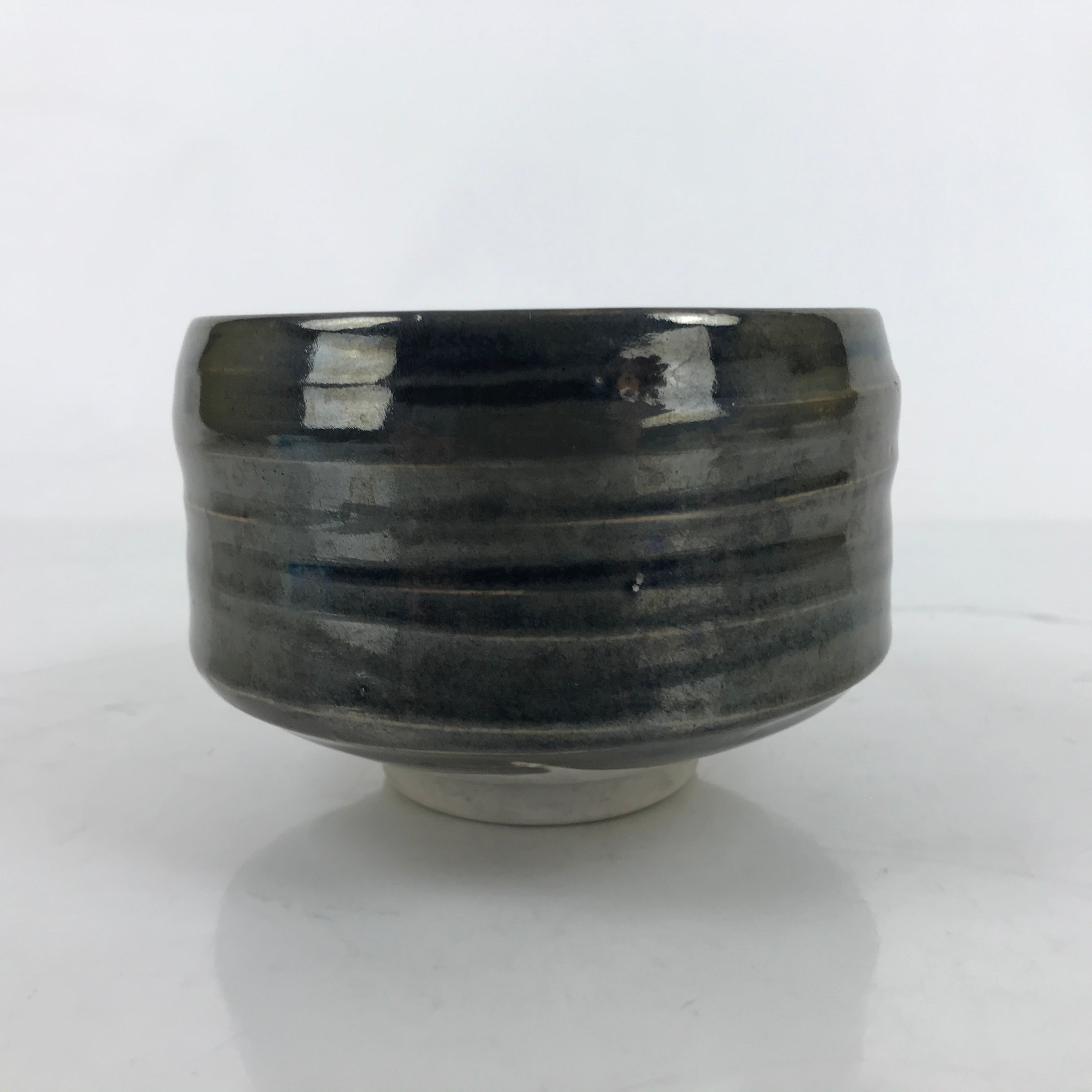 Japanese Ceramic Green Tea Bowl Matcha Chawan Vtg Gray Black Glossy CHB89