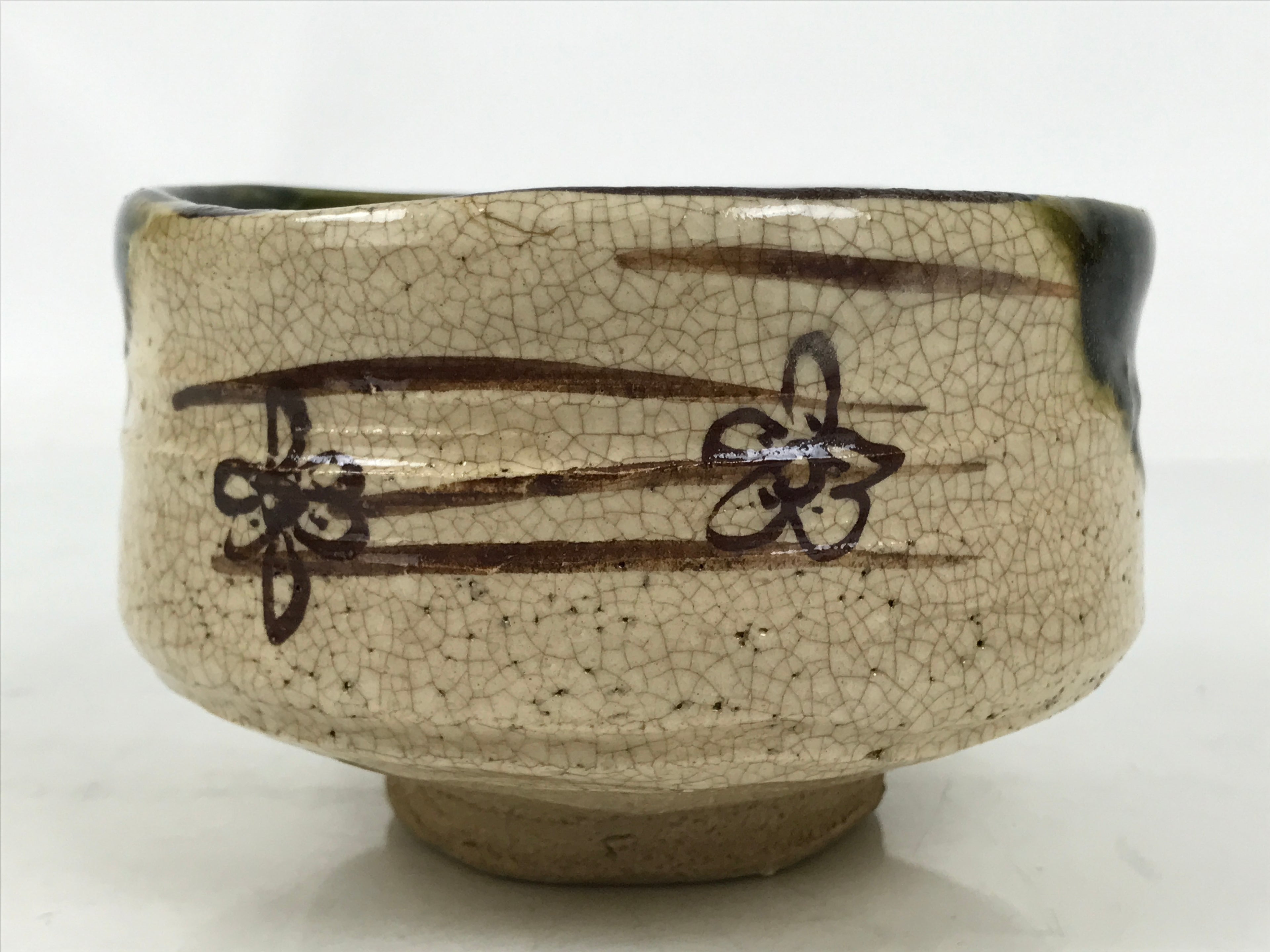 Japanese Ceramic Green Tea Bowl Matcha Chawan Vtg Oribe Beige Brown CHB101