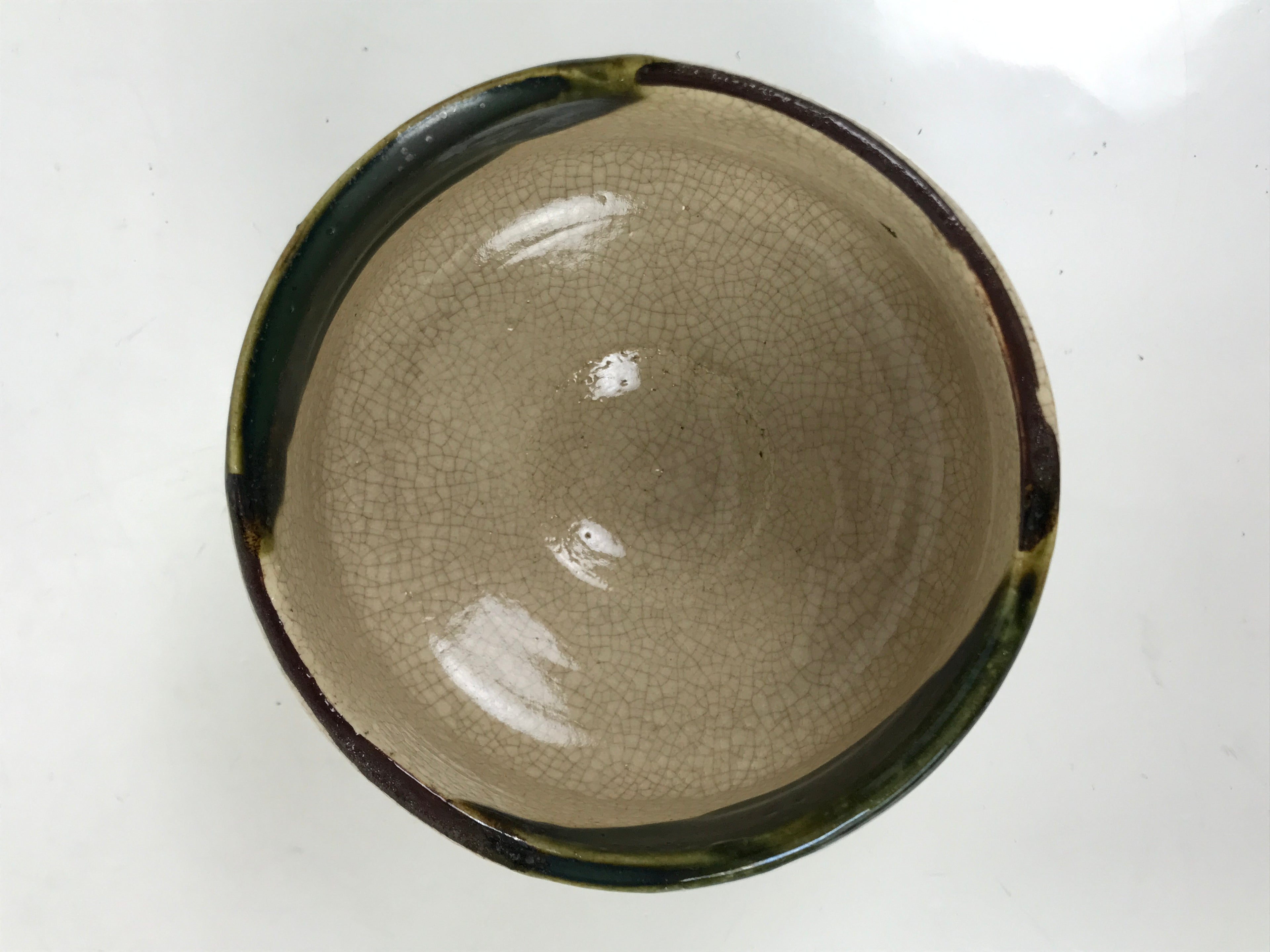 Japanese Ceramic Green Tea Bowl Matcha Chawan Vtg Oribe Beige Brown CHB101