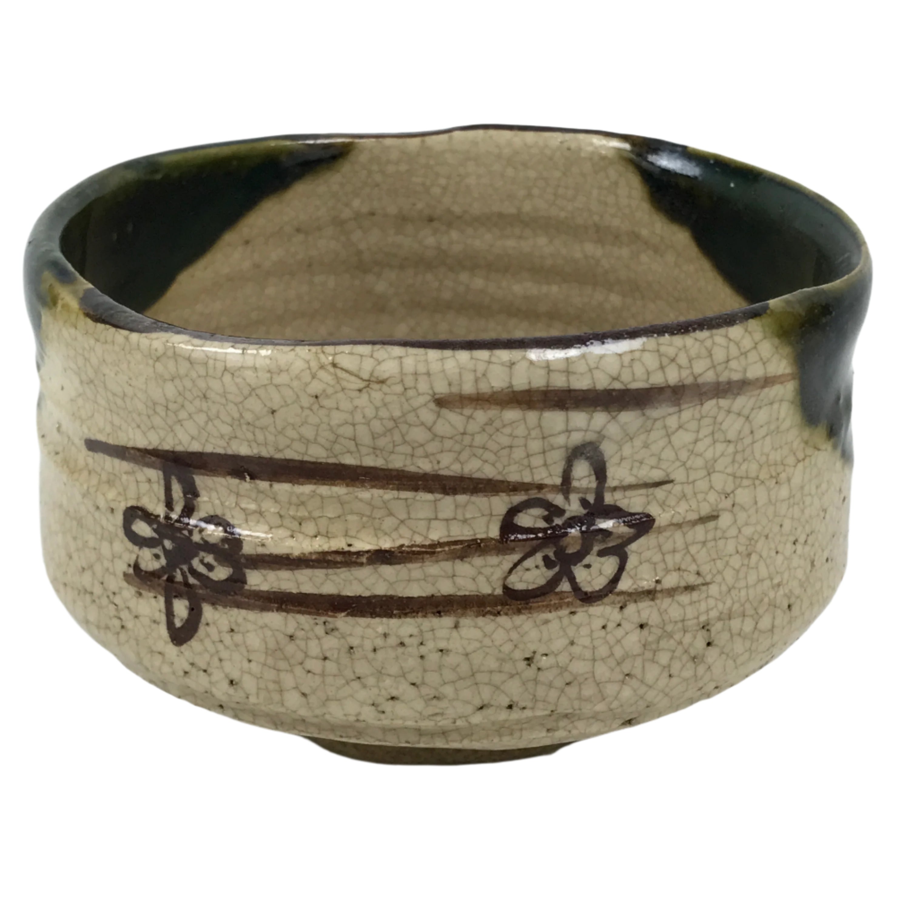 Japanese Ceramic Green Tea Bowl Matcha Chawan Vtg Oribe Beige Brown CHB101