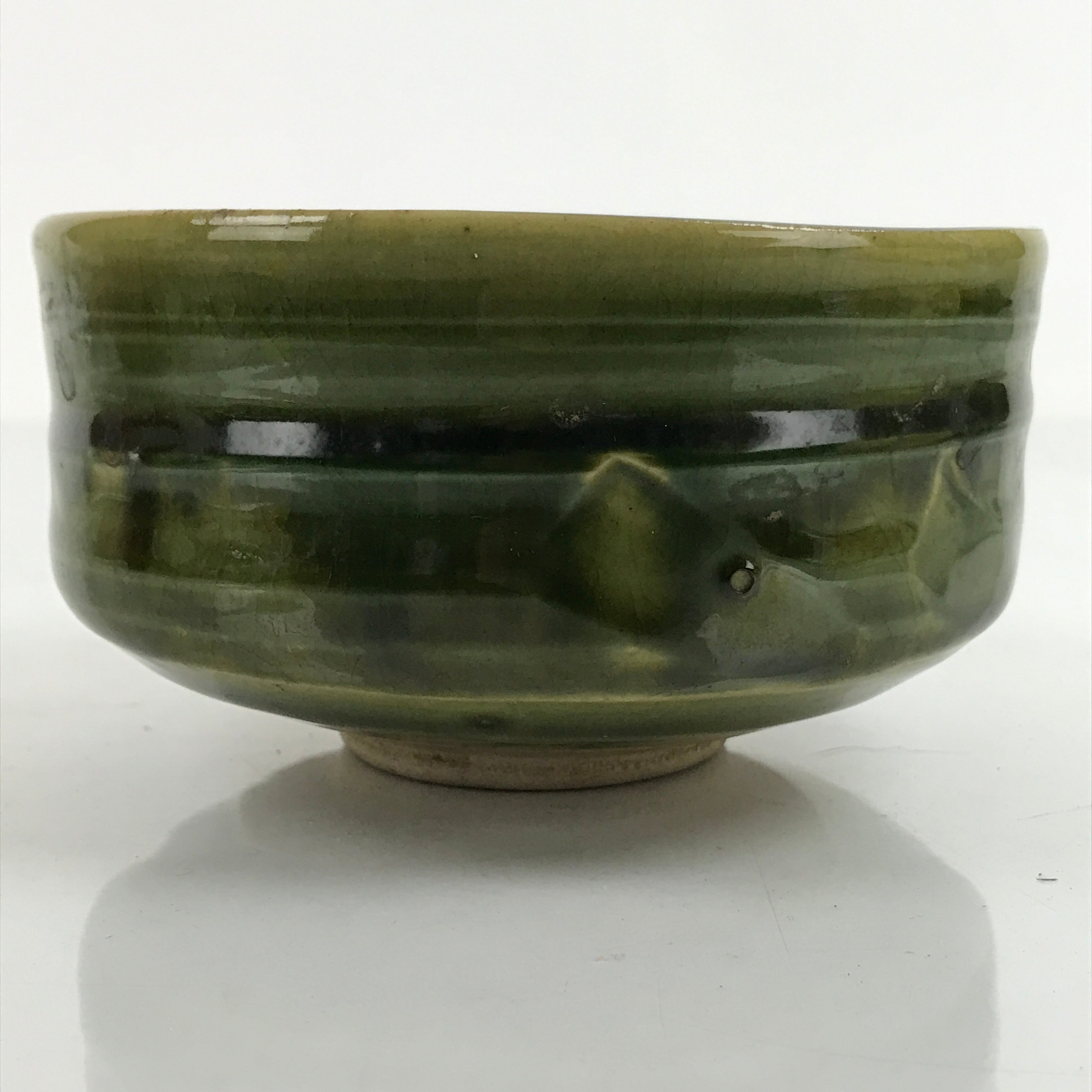 Japanese Ceramic Green Tea Bowl Matcha Chawan Vtg Oribe Ware Green CHB43