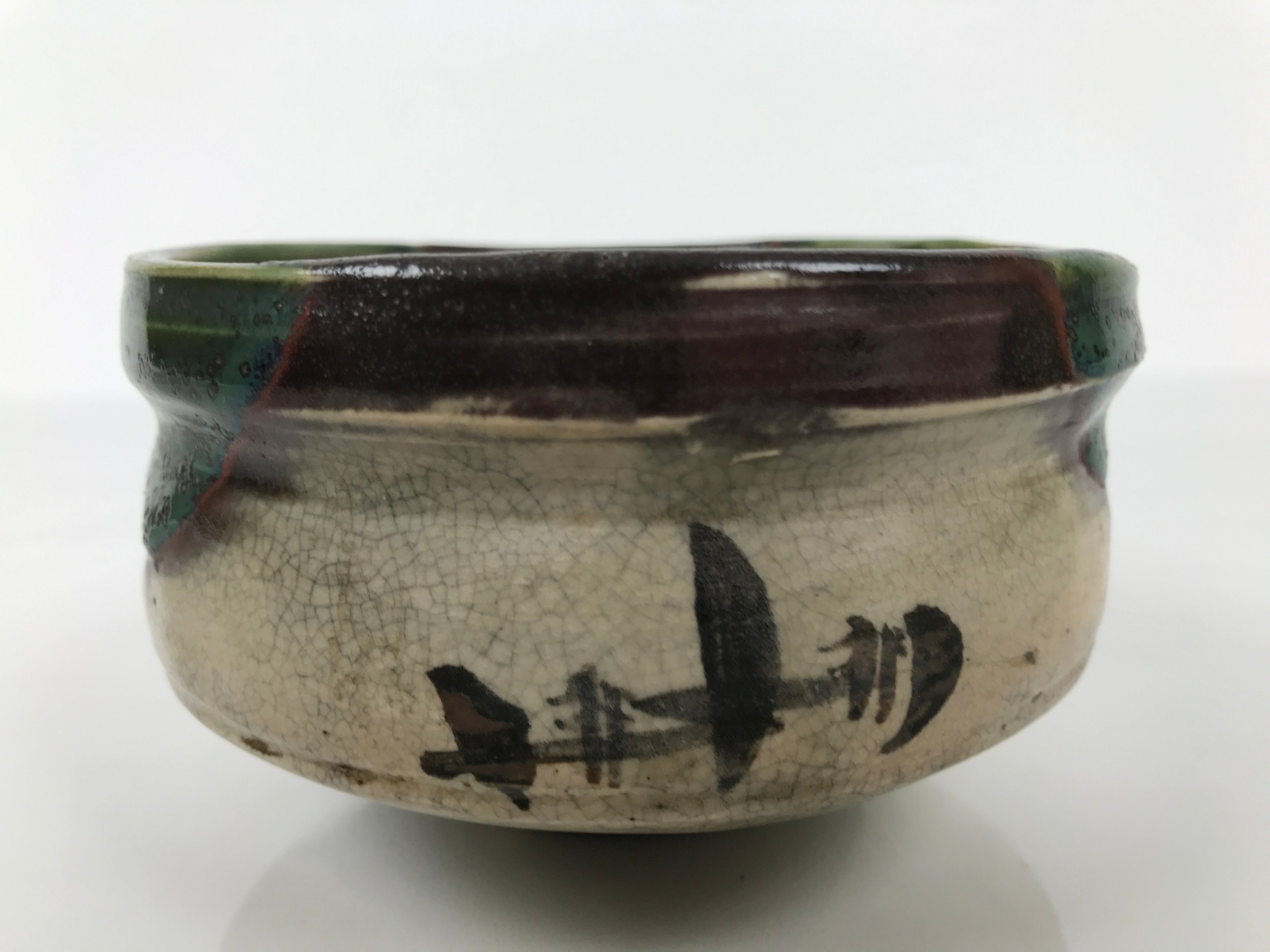 Japanese Ceramic Green Tea Bowl Matcha Chawan Vtg Oribe Ware Kutsugata CHB112