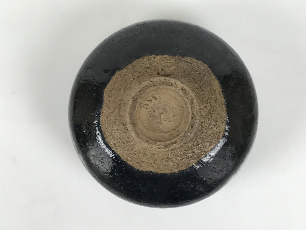 Japanese Ceramic Green Tea Bowl Matcha Chawan Vtg Pottery Glossy Black CHB153