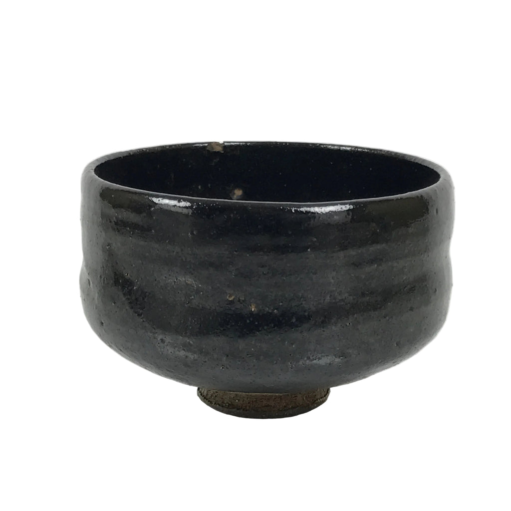 Japanese Ceramic Green Tea Bowl Matcha Chawan Vtg Pottery Glossy Black CHB153