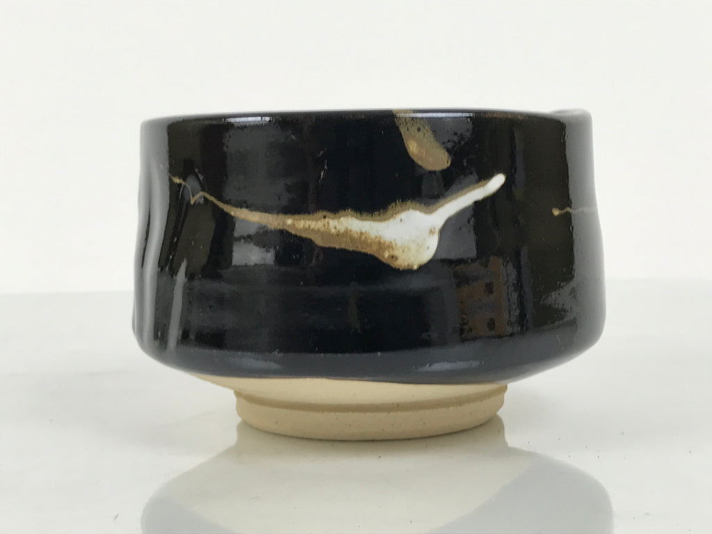 Japanese Ceramic Green Tea Bowl Matcha Chawan Vtg Pottery Glossy Black CHB164
