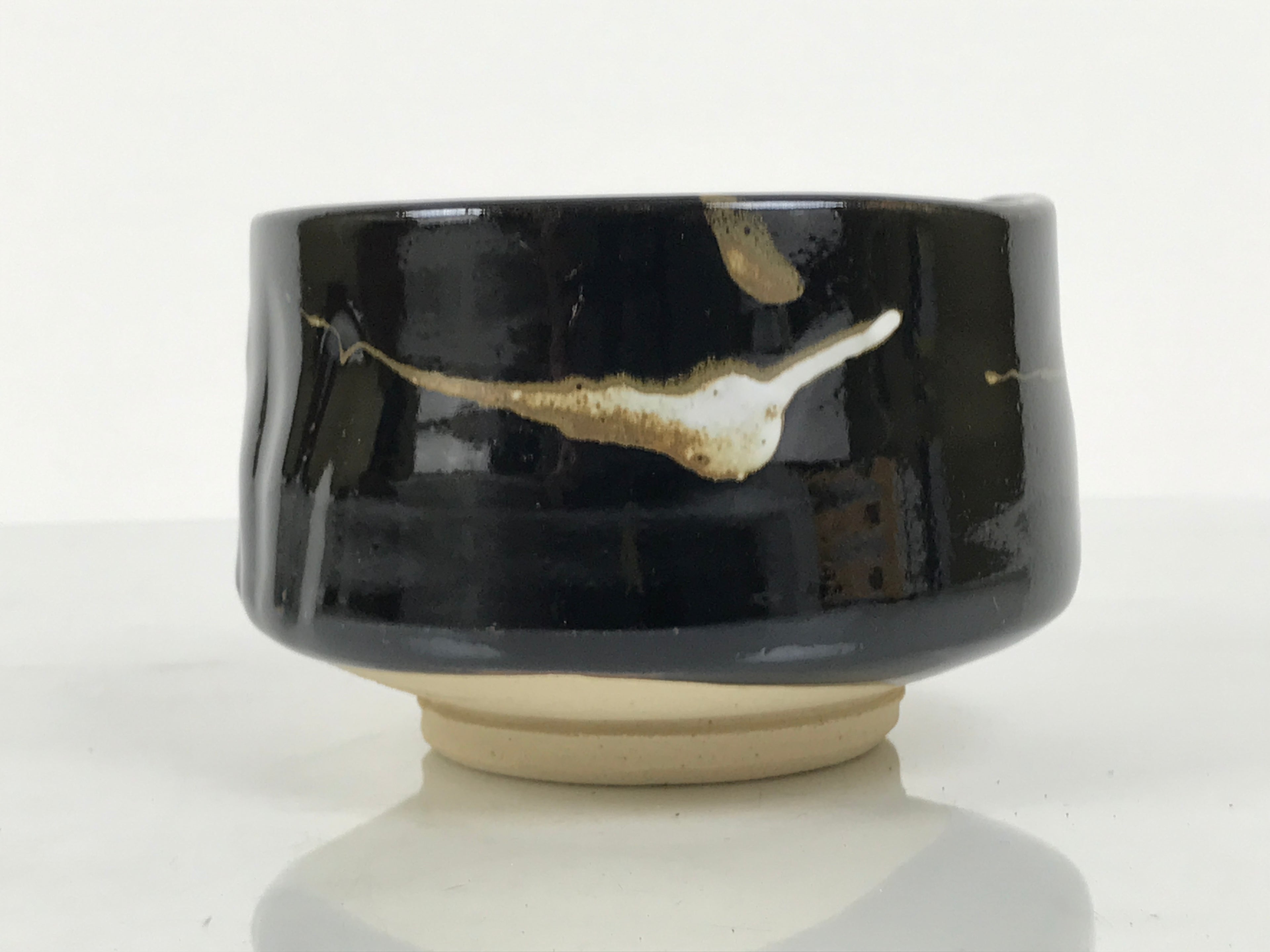 Japanese Ceramic Green Tea Bowl Matcha Chawan Vtg Pottery Glossy Black CHB164
