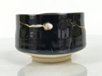 Japanese Ceramic Green Tea Bowl Matcha Chawan Vtg Pottery Glossy Black CHB164
