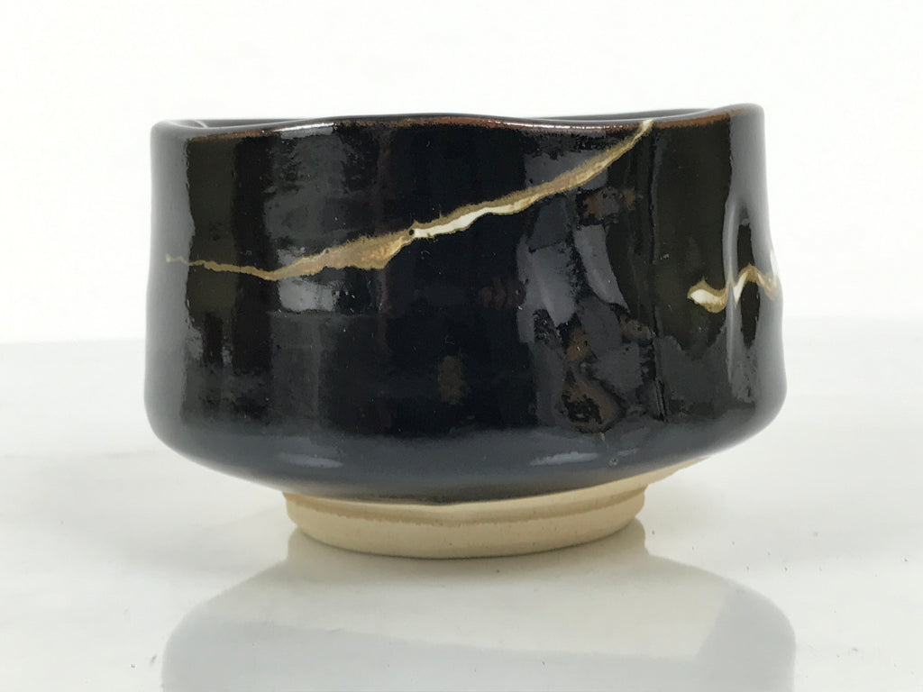 Japanese Ceramic Green Tea Bowl Matcha Chawan Vtg Pottery Glossy Black CHB164