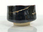 Japanese Ceramic Green Tea Bowl Matcha Chawan Vtg Pottery Glossy Black CHB164