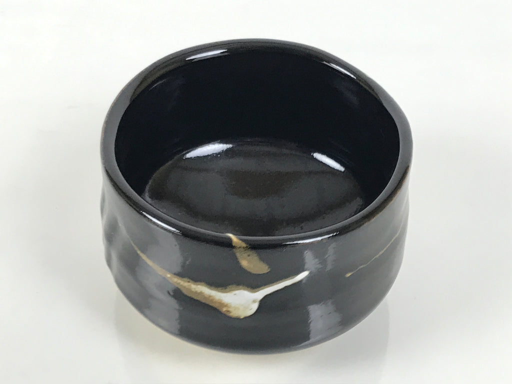 Japanese Ceramic Green Tea Bowl Matcha Chawan Vtg Pottery Glossy Black CHB164