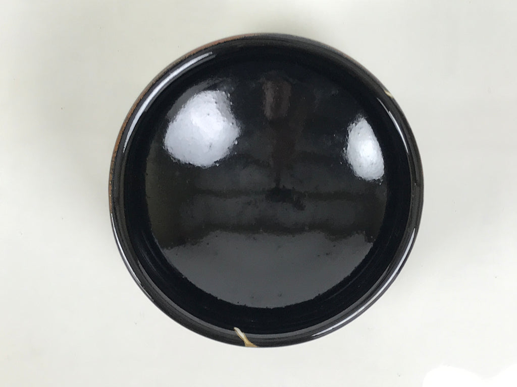 Japanese Ceramic Green Tea Bowl Matcha Chawan Vtg Pottery Glossy Black CHB164