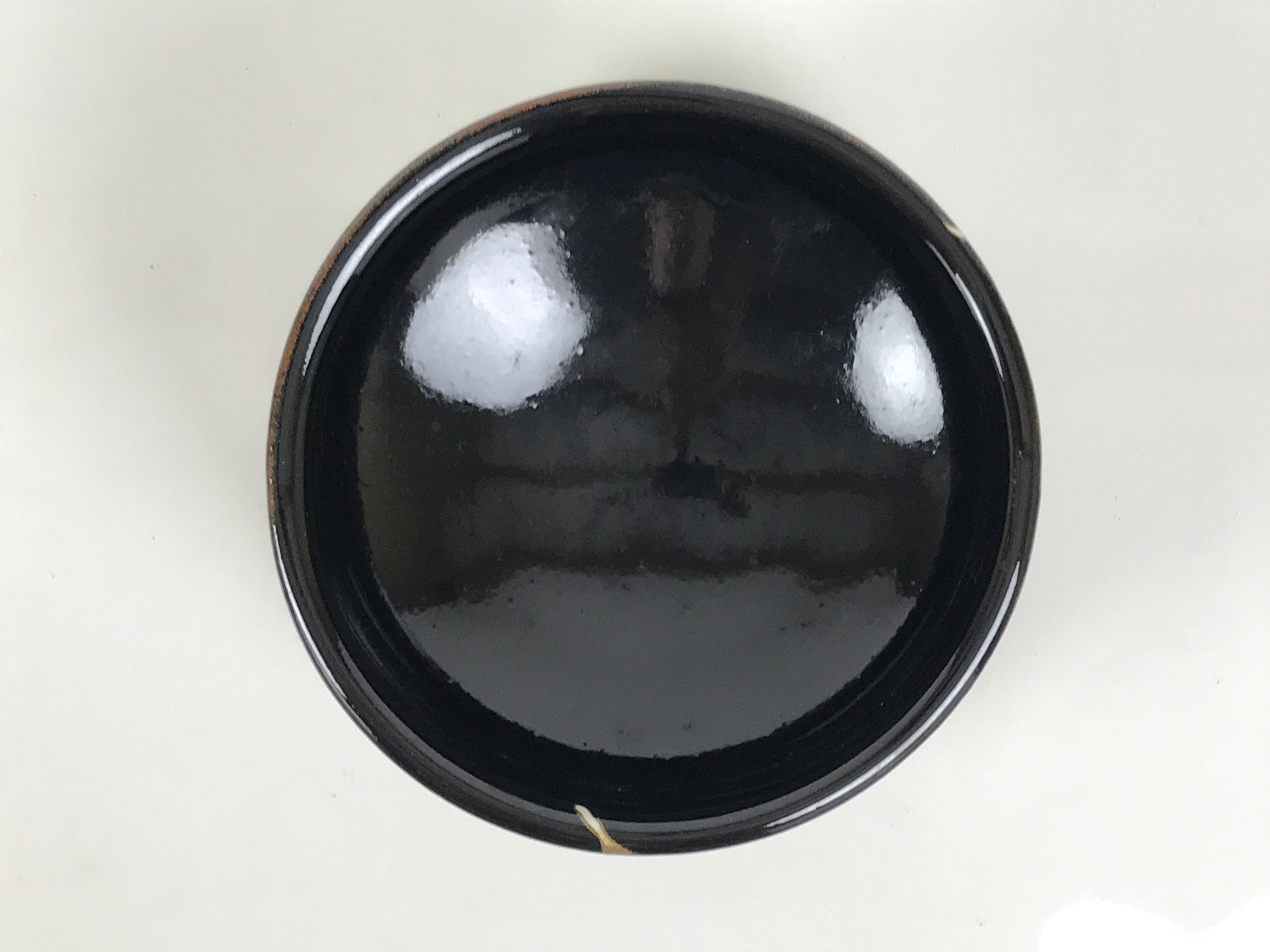 Japanese Ceramic Green Tea Bowl Matcha Chawan Vtg Pottery Glossy Black CHB164
