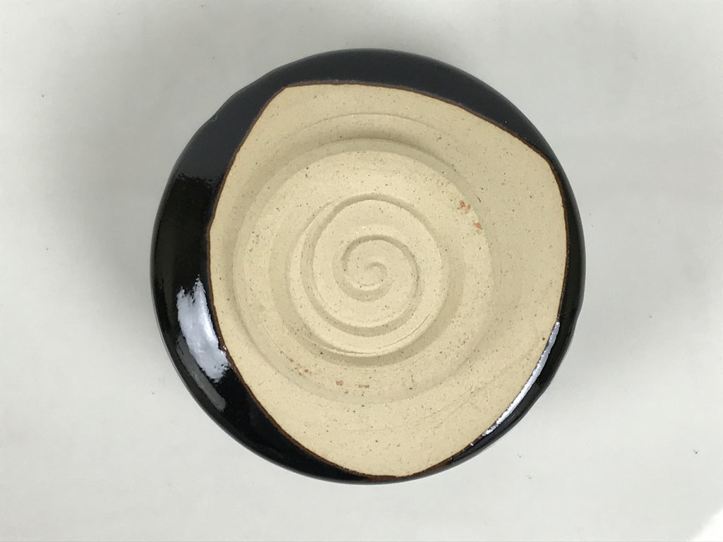 Japanese Ceramic Green Tea Bowl Matcha Chawan Vtg Pottery Glossy Black CHB164