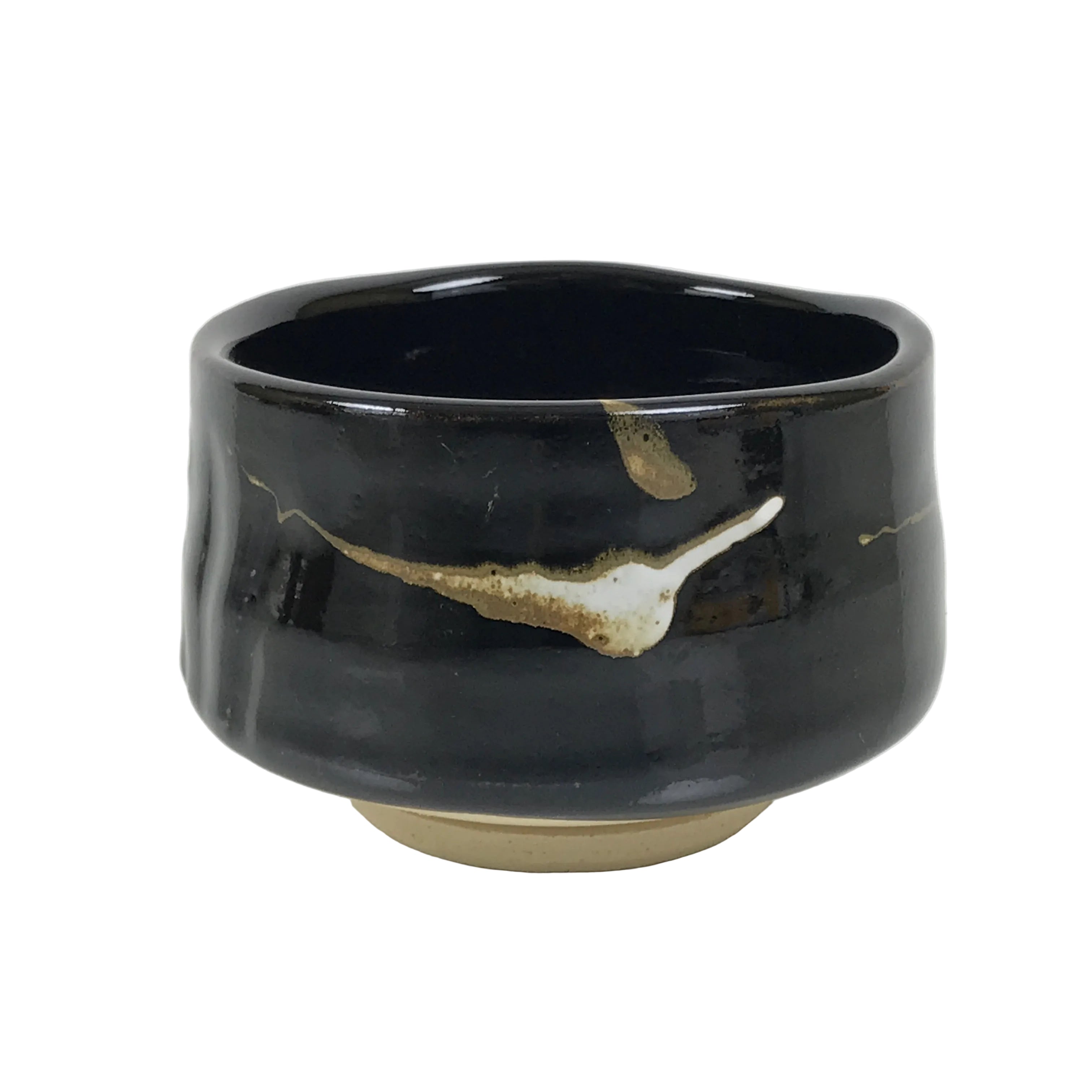 Japanese Ceramic Green Tea Bowl Matcha Chawan Vtg Pottery Glossy Black CHB164