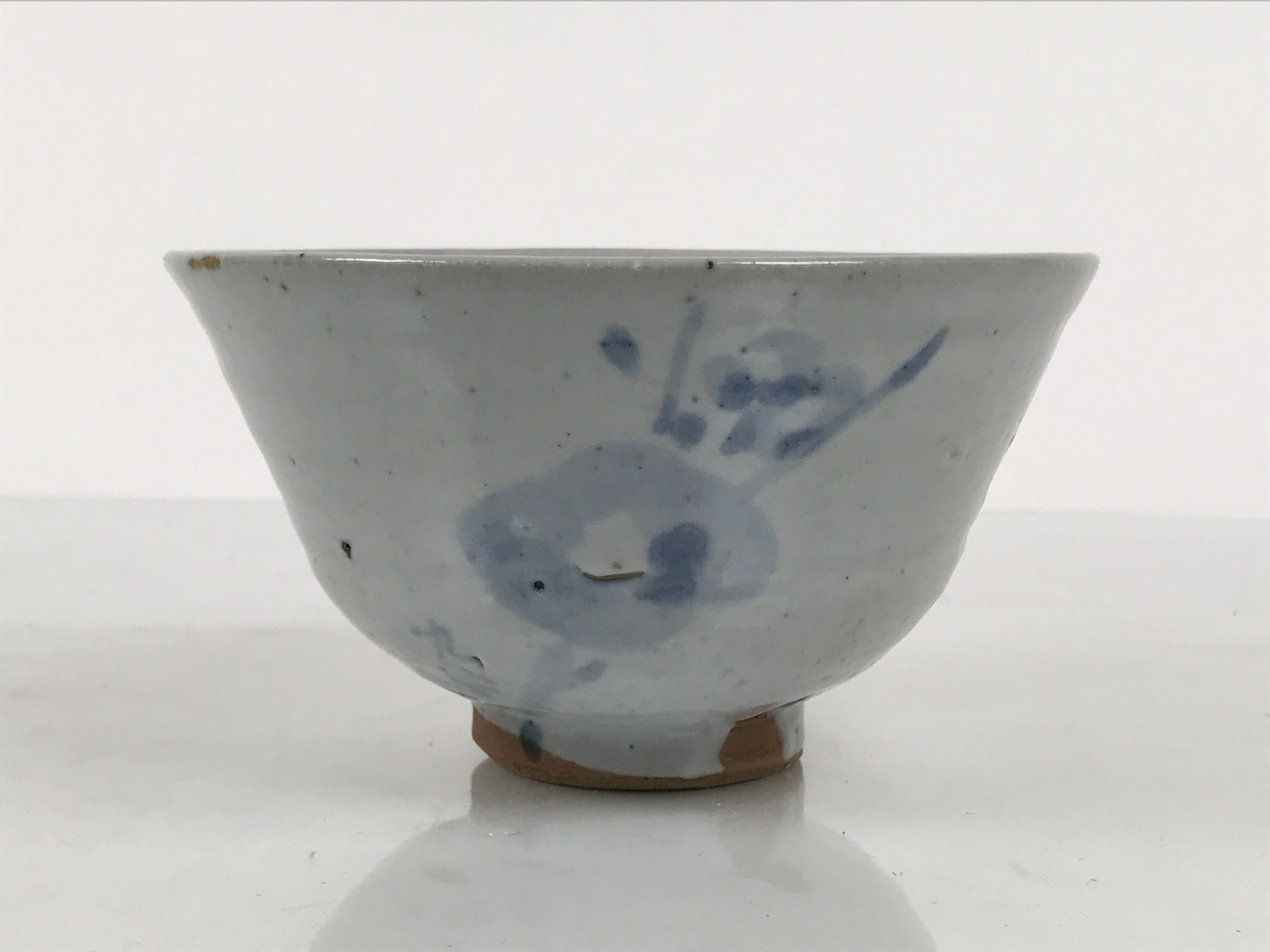 Japanese Ceramic Green Tea Bowl Matcha Chawan Vtg Pottery Gray Blue Plum CHB147