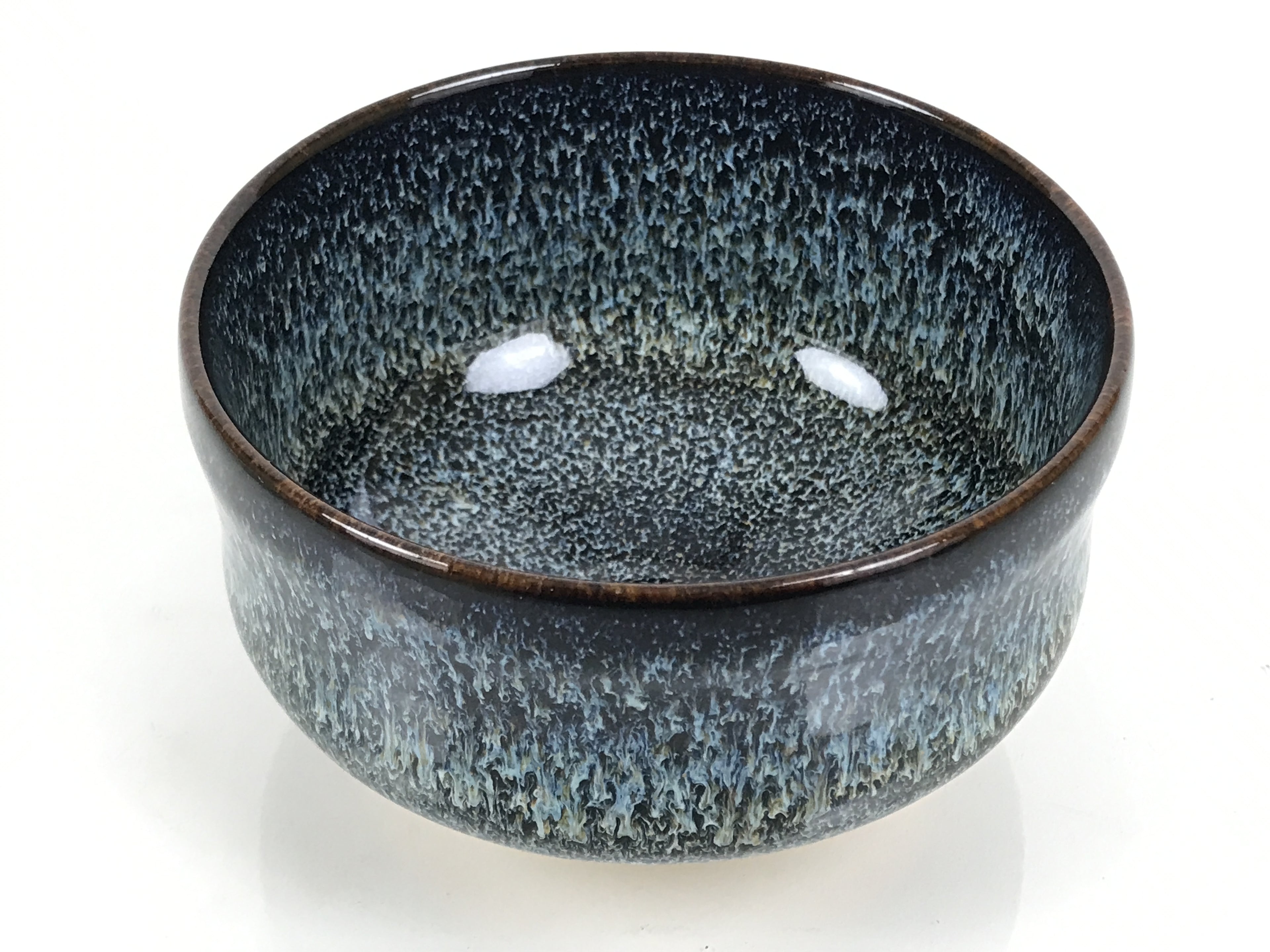 Japanese Ceramic Green Tea Bowl Matcha Chawan Vtg Pottery Tenmoku Black PX804