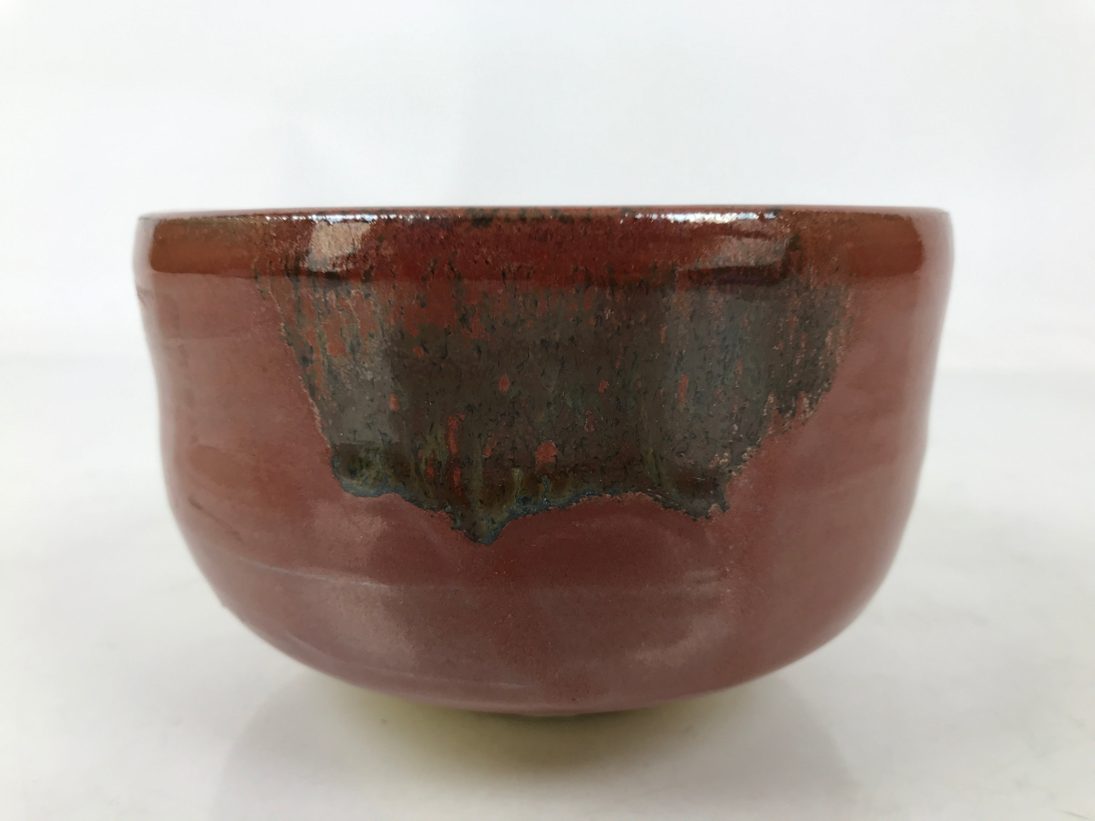 Japanese Ceramic Green Tea Bowl Matcha Chawan Vtg Red Raku Ware Round CHB110