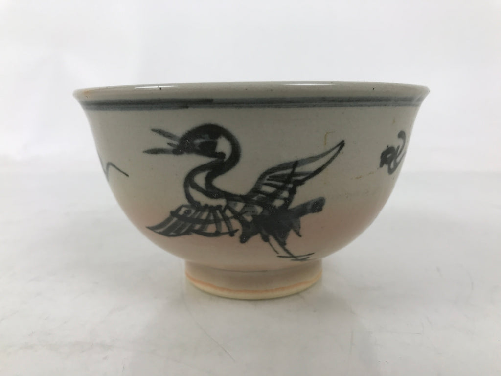 Japanese Ceramic Green Tea Bowl Matcha Chawan Vtg Tsuru Crane Clouds CHB100
