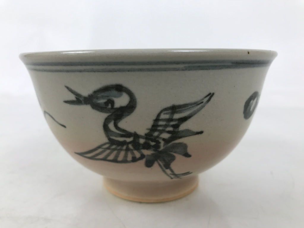 Japanese Ceramic Green Tea Bowl Matcha Chawan Vtg Tsuru Crane Clouds CHB100