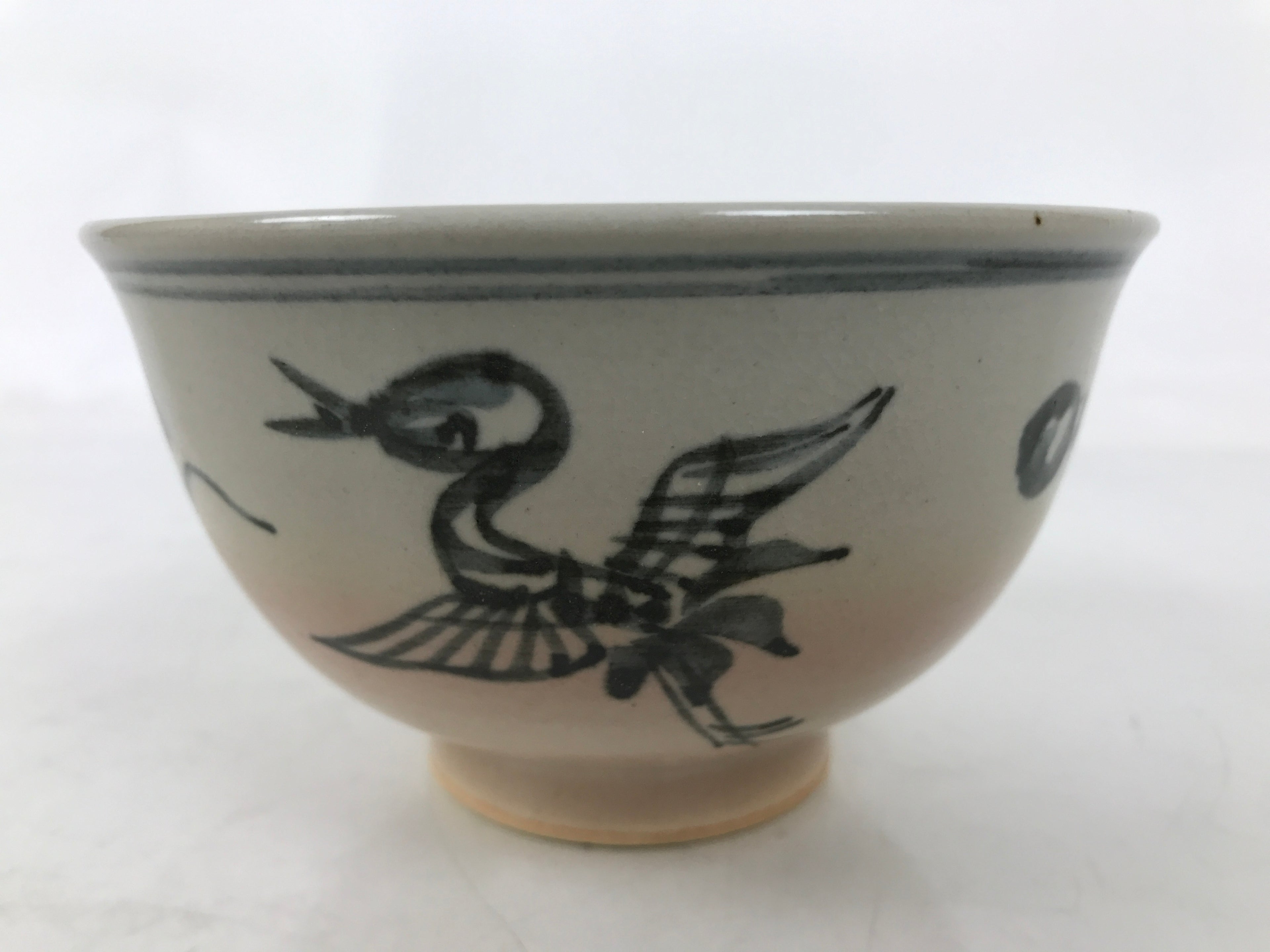 Japanese Ceramic Green Tea Bowl Matcha Chawan Vtg Tsuru Crane Clouds CHB100