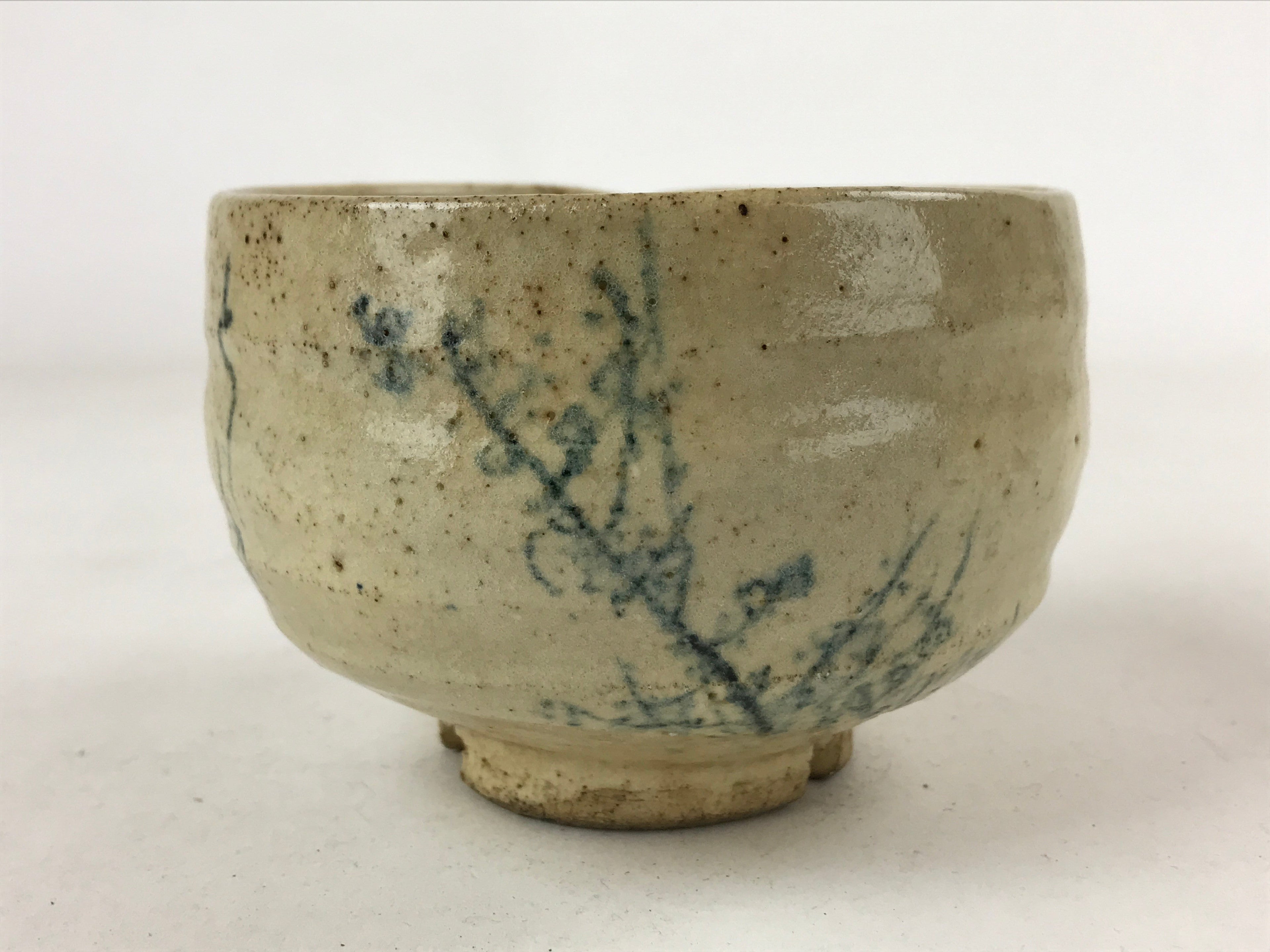 Japanese Ceramic Green Tea Bowl Vtg Beige Blue Characters Matcha Chawan CHB27