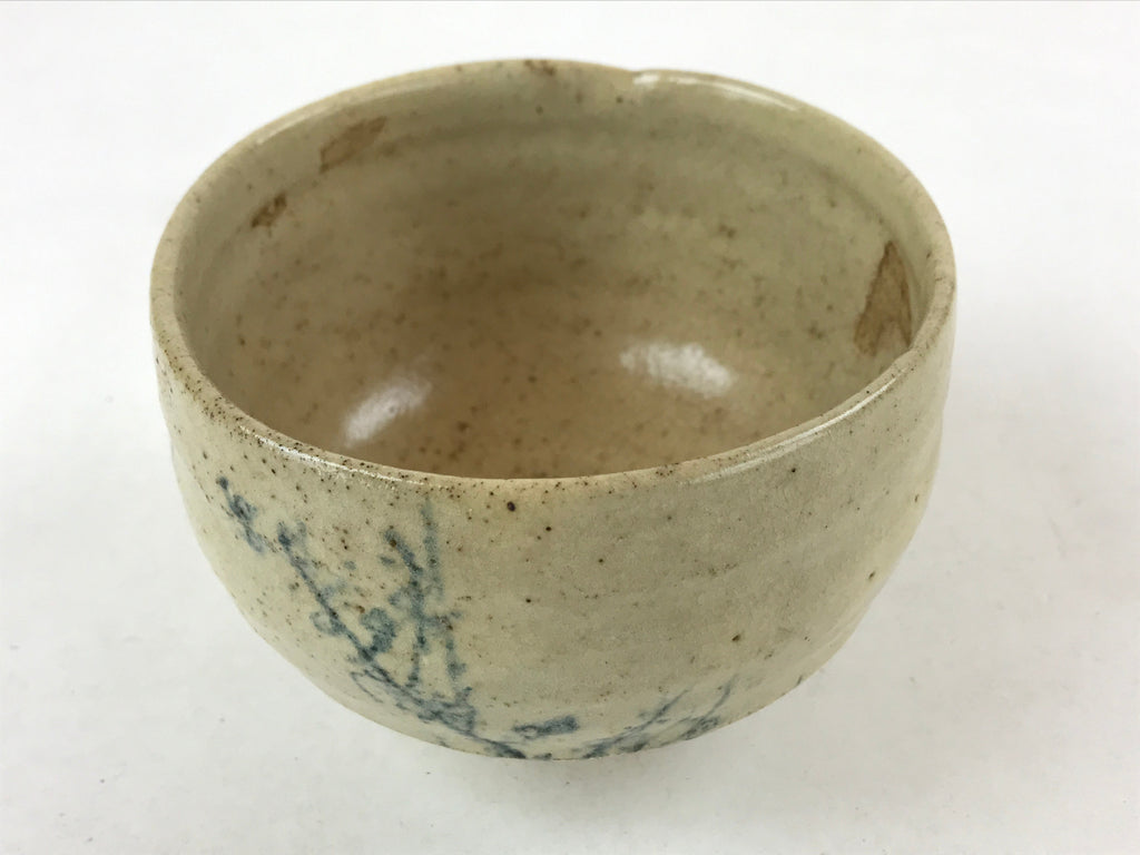 Japanese Ceramic Green Tea Bowl Vtg Beige Blue Characters Matcha Chawan CHB27