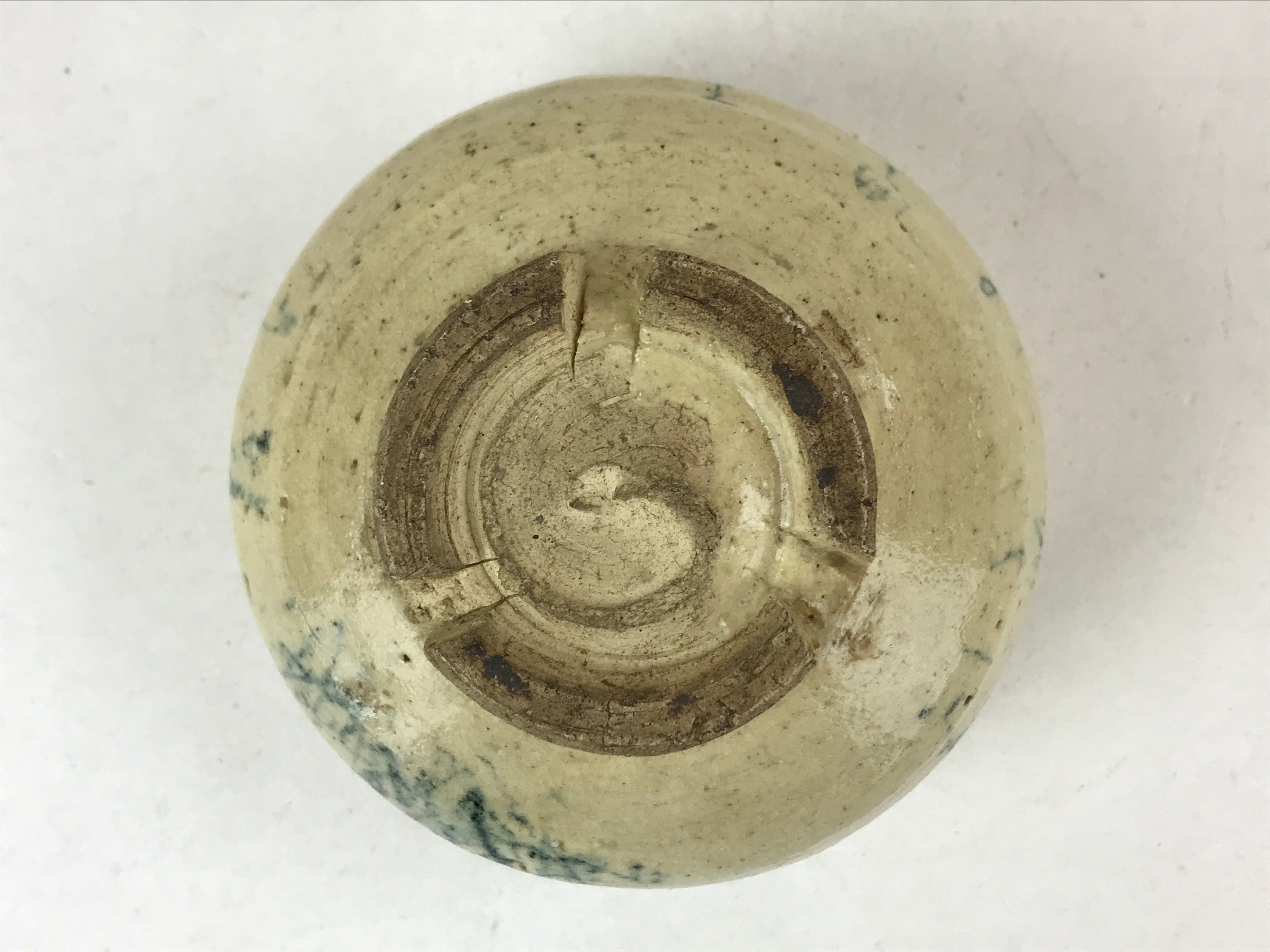 Japanese Ceramic Green Tea Bowl Vtg Beige Blue Characters Matcha Chawan CHB27
