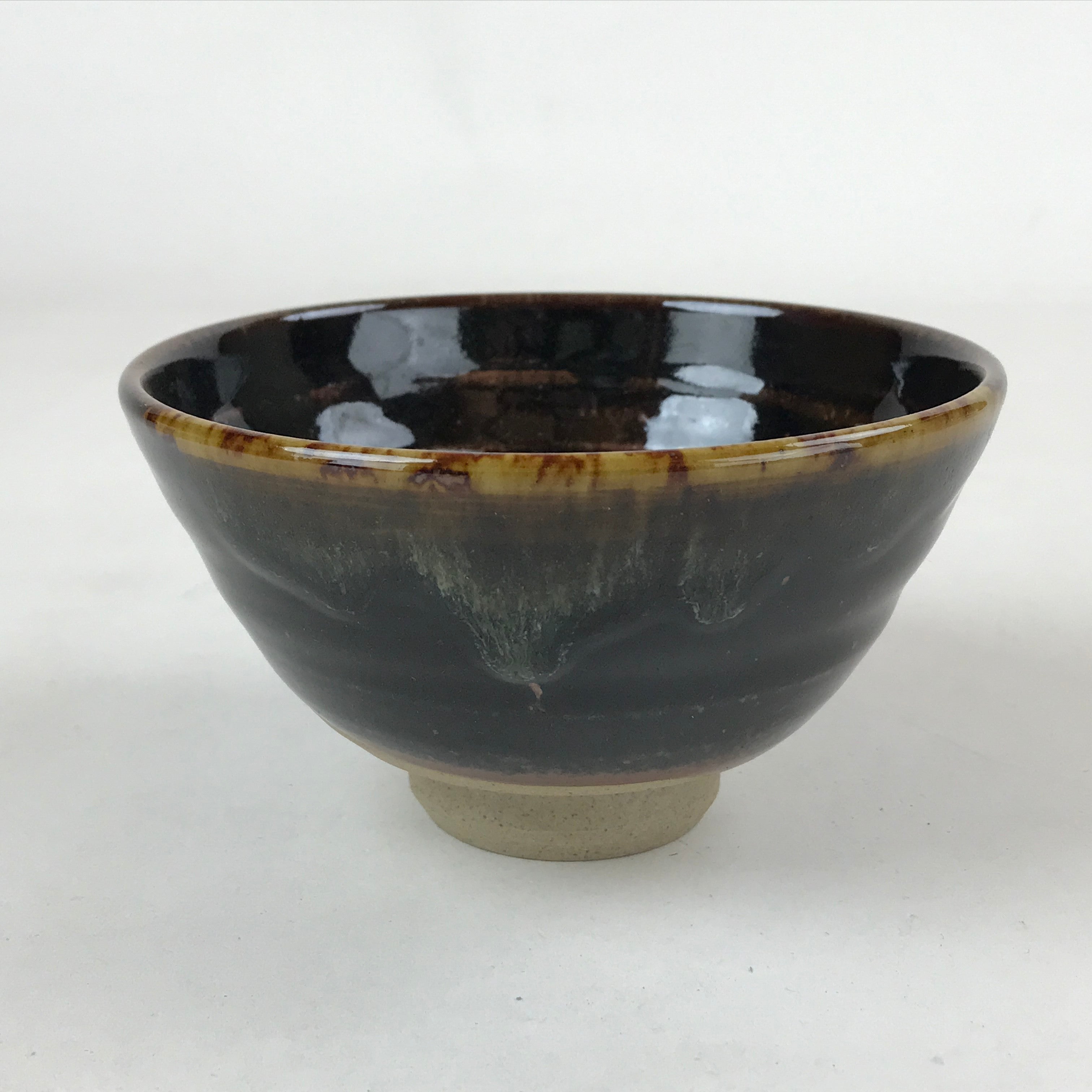 Japanese Ceramic Green Tea Bowl Vtg Dark Brown Glossy Matcha Chawan CHB8