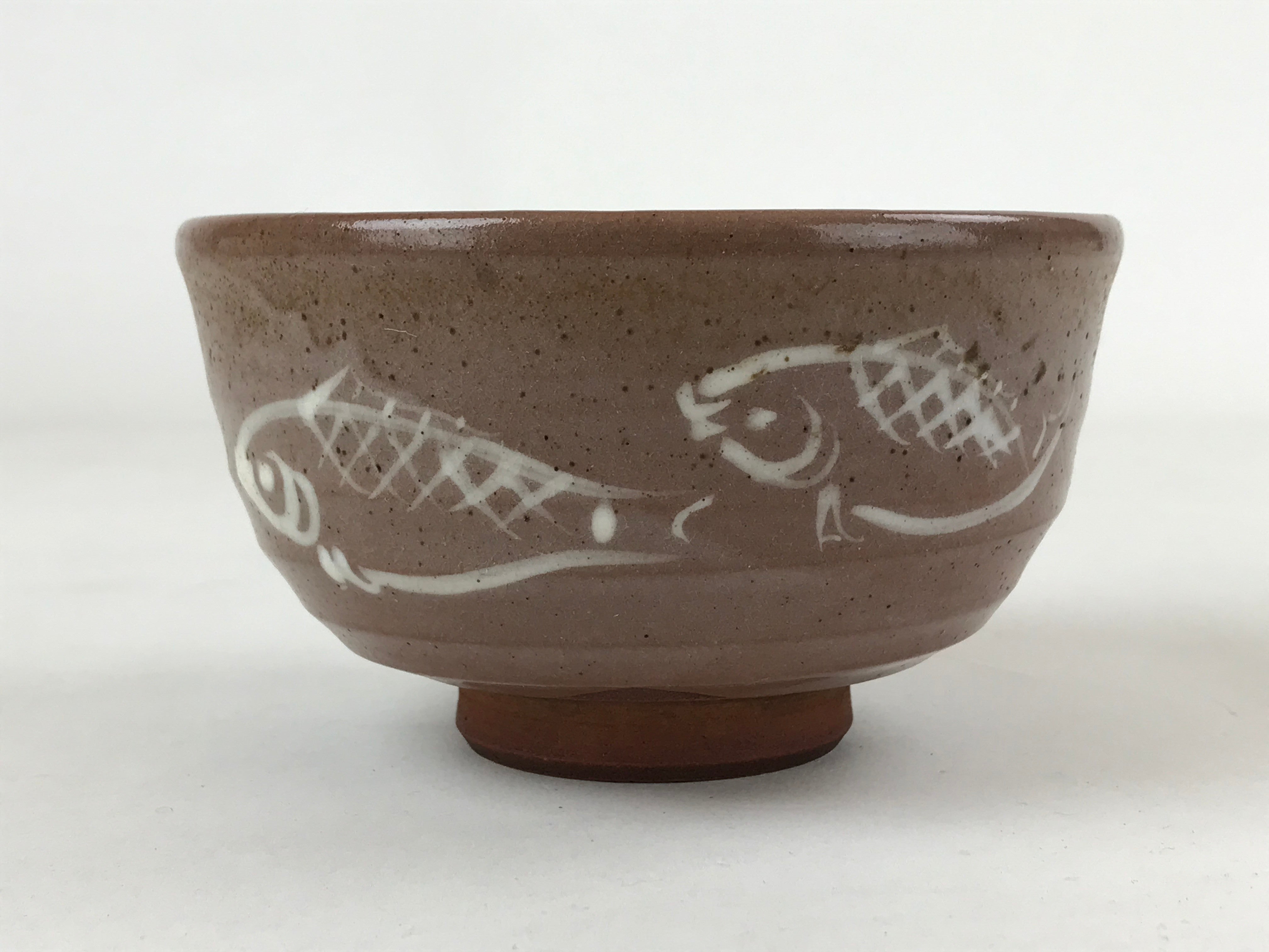 Japanese Ceramic Green Tea Bowl Vtg Fish Brown Aka Oribe Matcha Chawan CHB13