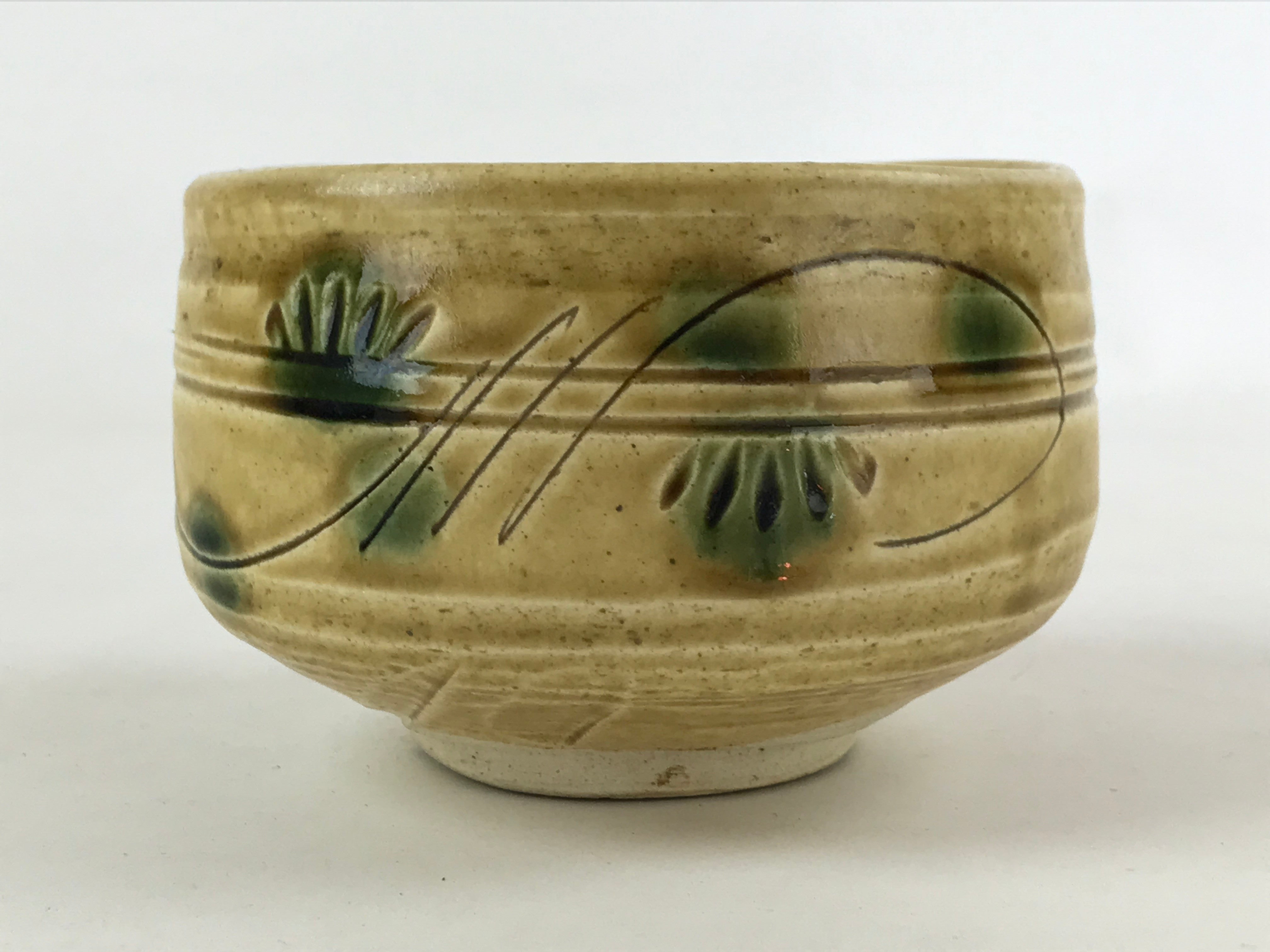 Japanese Ceramic Green Tea Bowl Vtg Minoyaki Kiseto Yellow Green Chawan GTB999