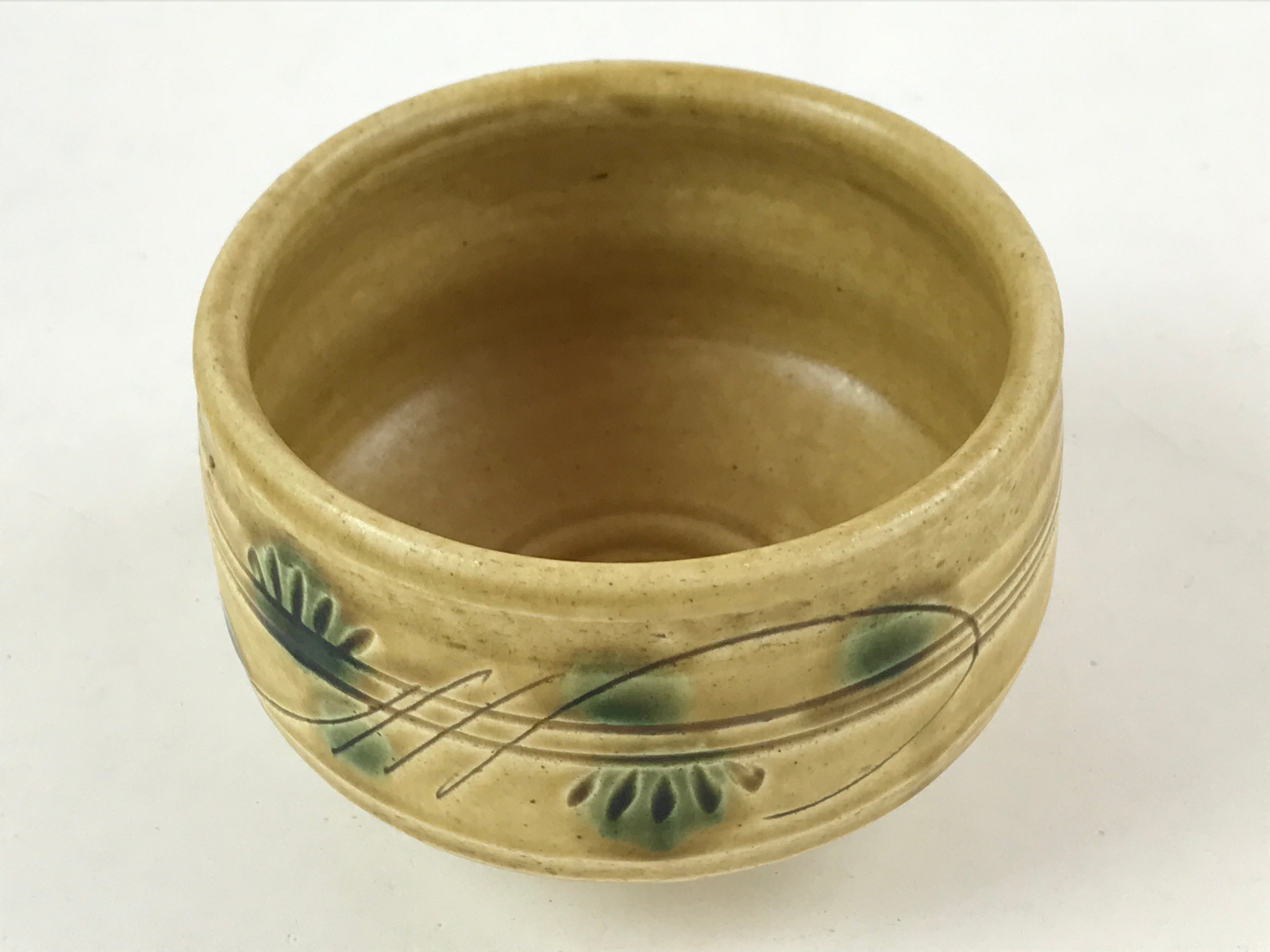 Japanese Ceramic Green Tea Bowl Vtg Minoyaki Kiseto Yellow Green Chawan GTB999