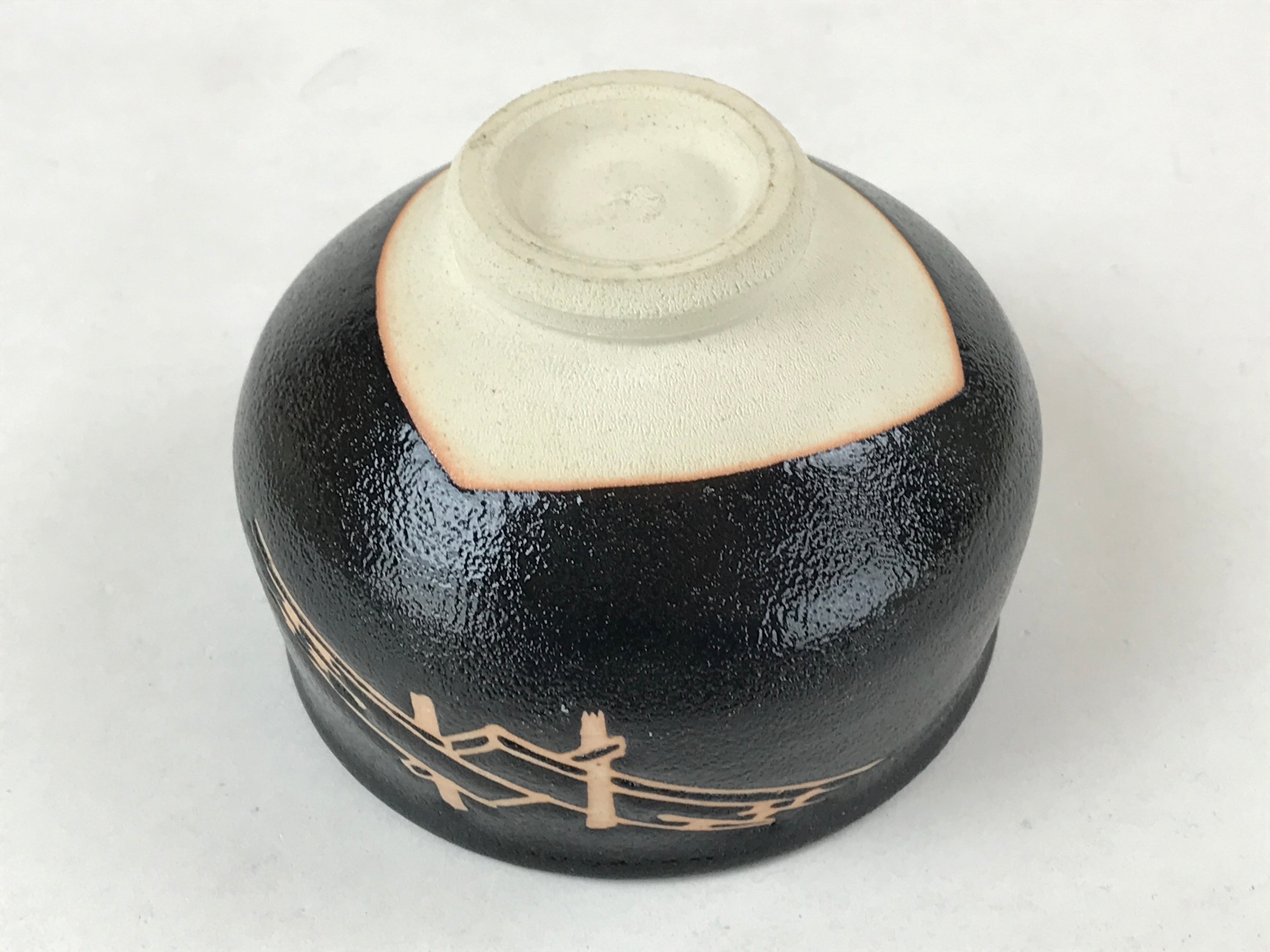 Japanese Ceramic Green Tea Bowl Vtg Odai Bridge Black Matcha Chawan CHB12